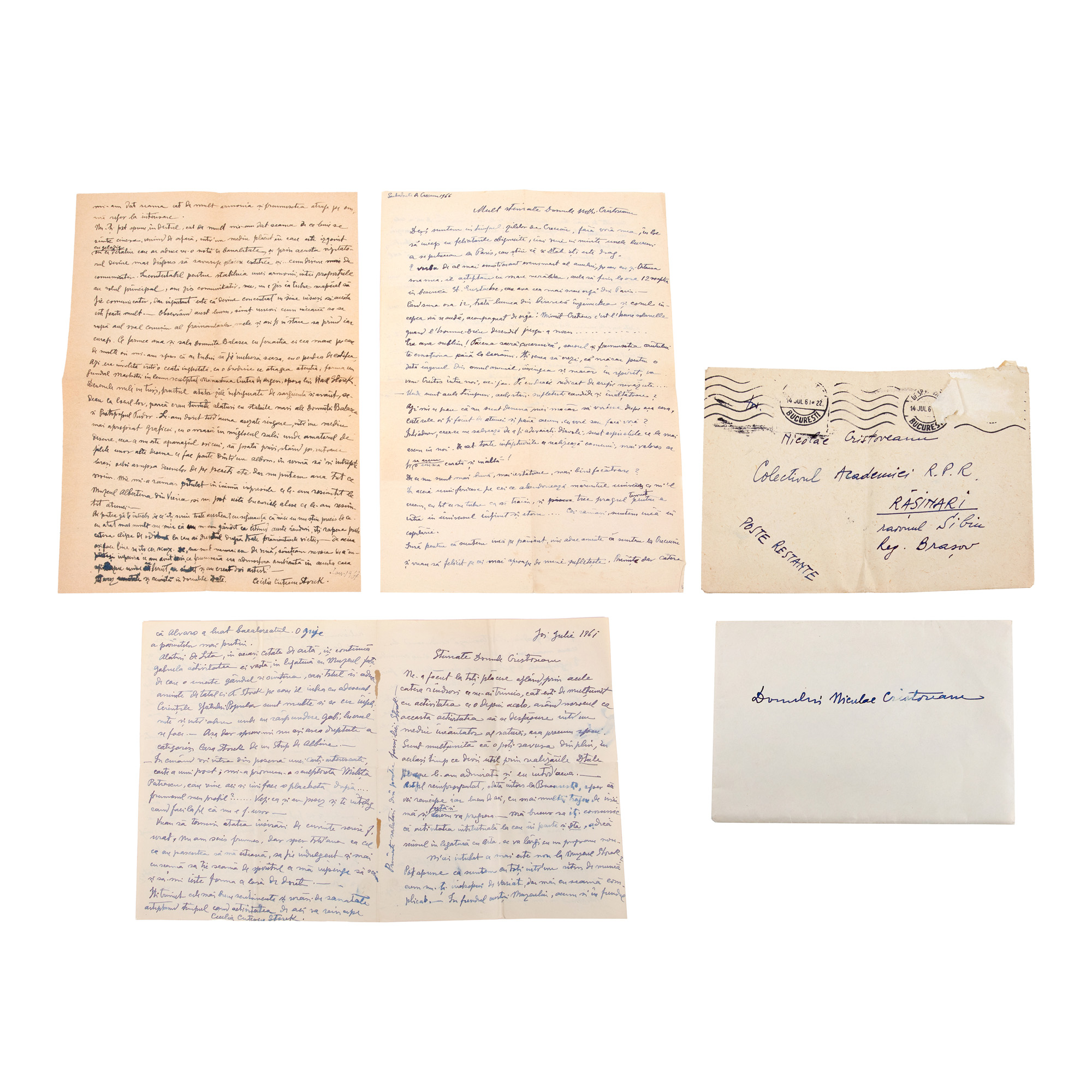 Lot format din patru scrisori trimise de Cecilia Cuțescu-Storck lui Nicolae Cristoveanu, dintre care două însoțite de plic, 1961-1966