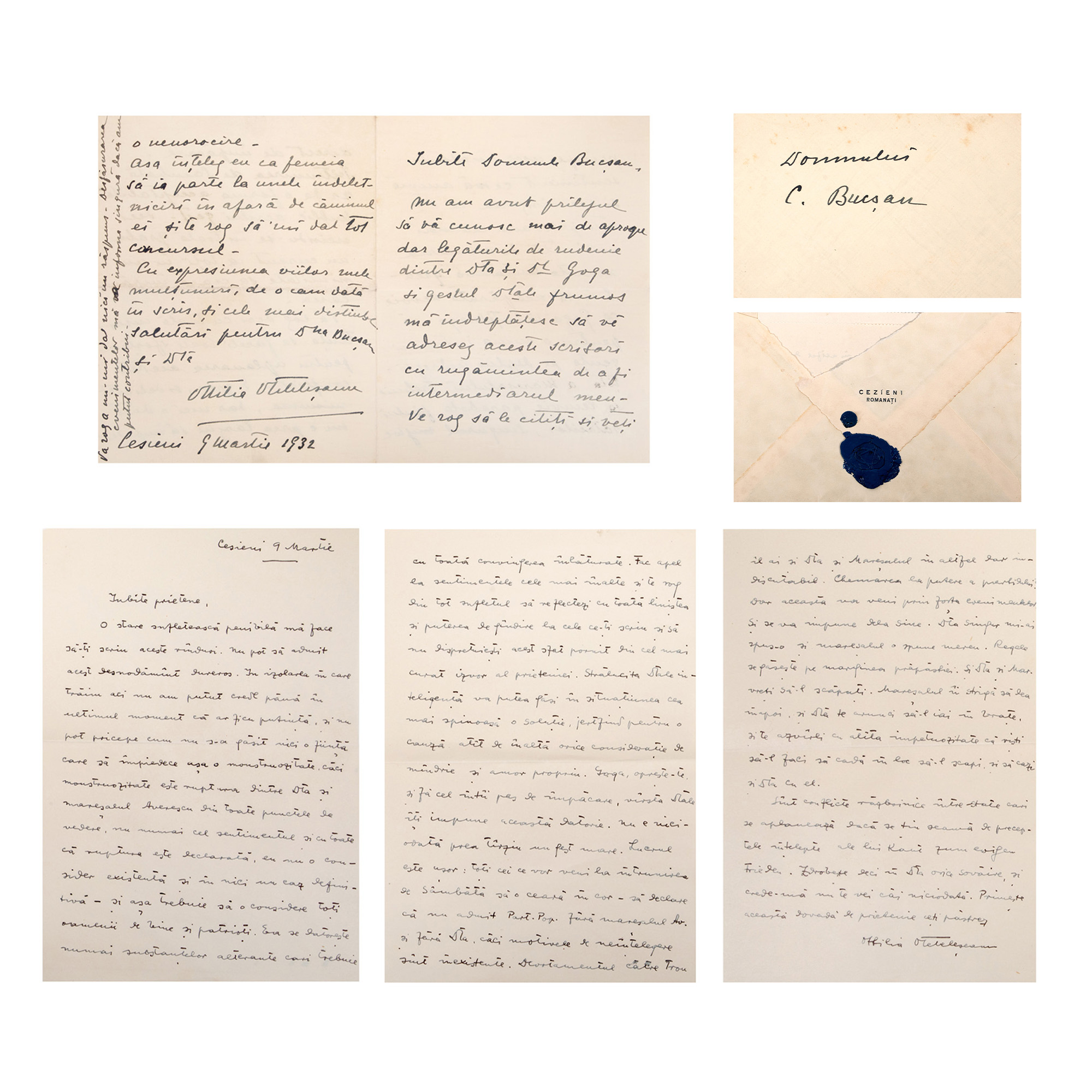 Lot format din două scrisori trimise de Ottilia Michail-Oteteleșanu către Constantin Bucșan, însoțite de plicurile originale, Cesieni, cca. 1932, cu semnături olografe