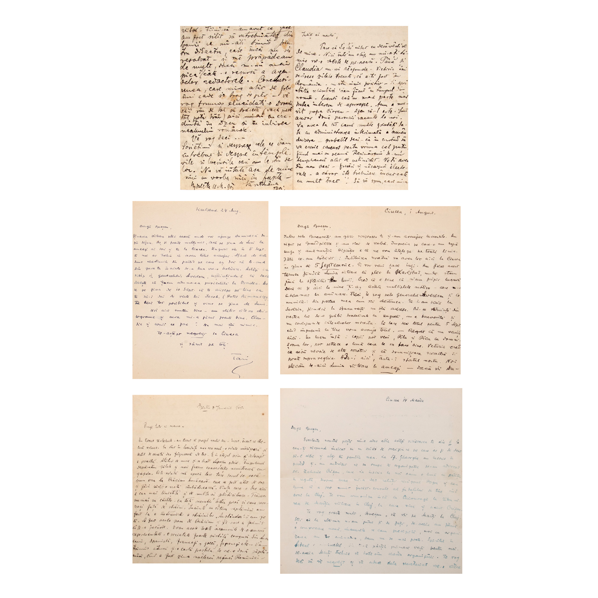 Set of five letters sent by Octavian Goga, ‘Tavi’ handwritten signature, approx. 1905