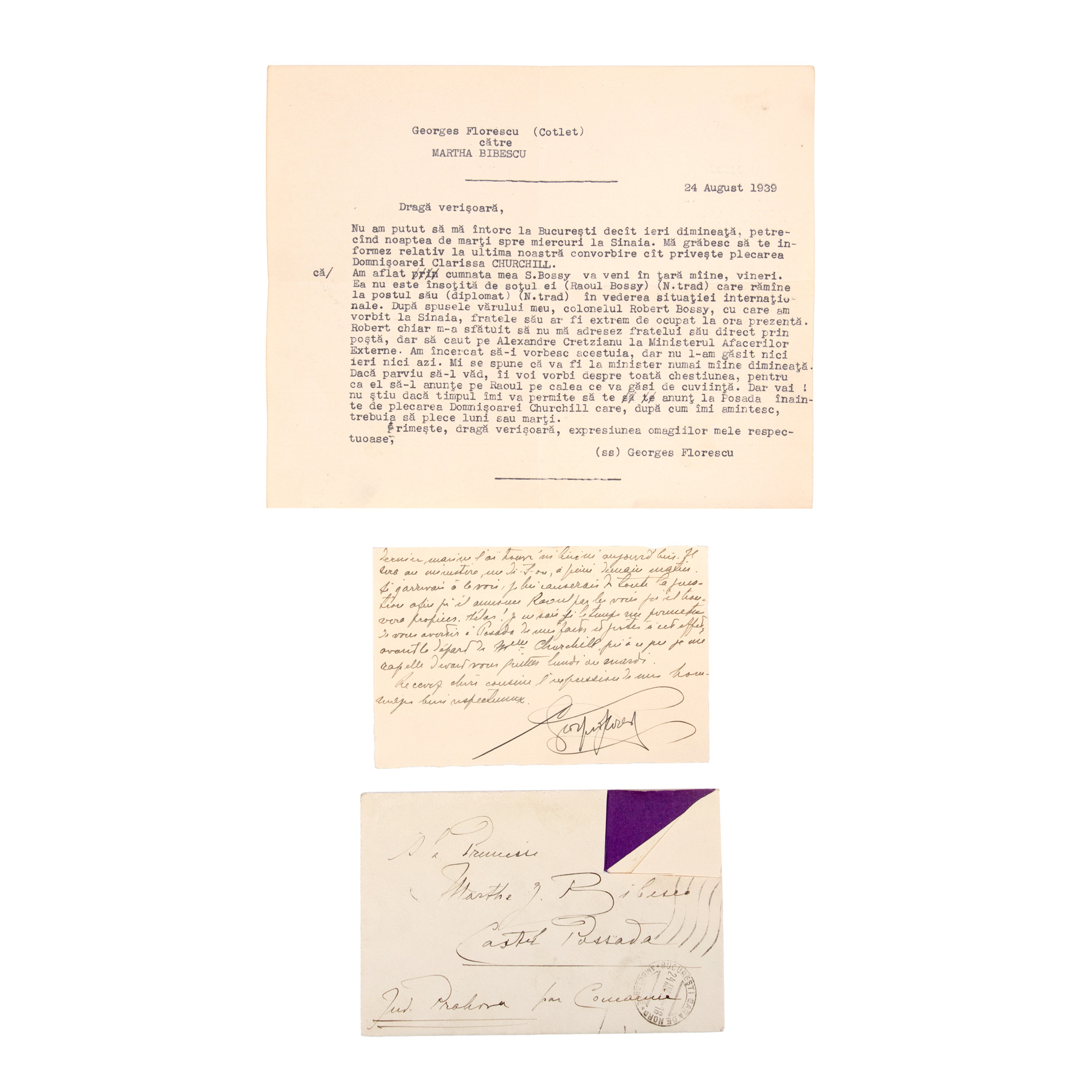 Lot format din scrisoare olografă adresată Marthei Bibescu, cu plicul original, 1939, și scrisoare dactilografiată către ea, ambele trimise de vărul ei Georges Florescu, 1939