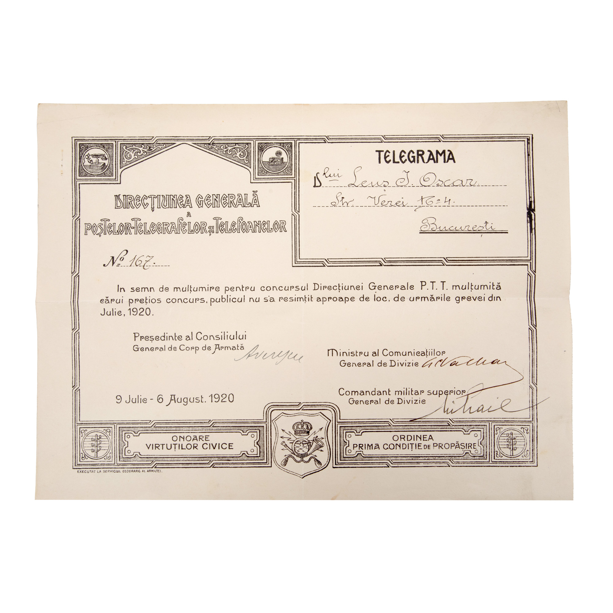Handwritten signed telegram by Alexandru Averescu, to Oscar Lenș, 1920