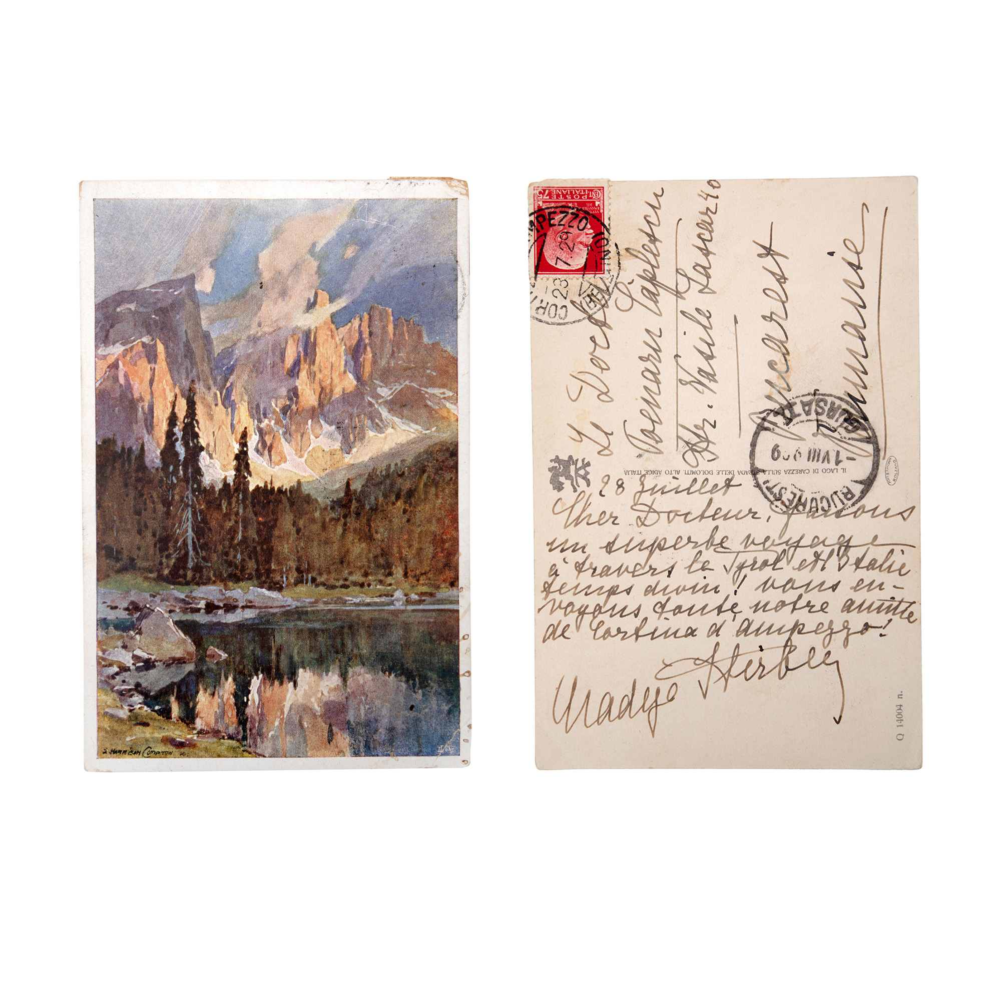 Carte poștală olografă trimisă de prințesa Nadeja Știrbey, soția prințului Barbu Știrbei, doctorului Poenaru Căplescu, 1929