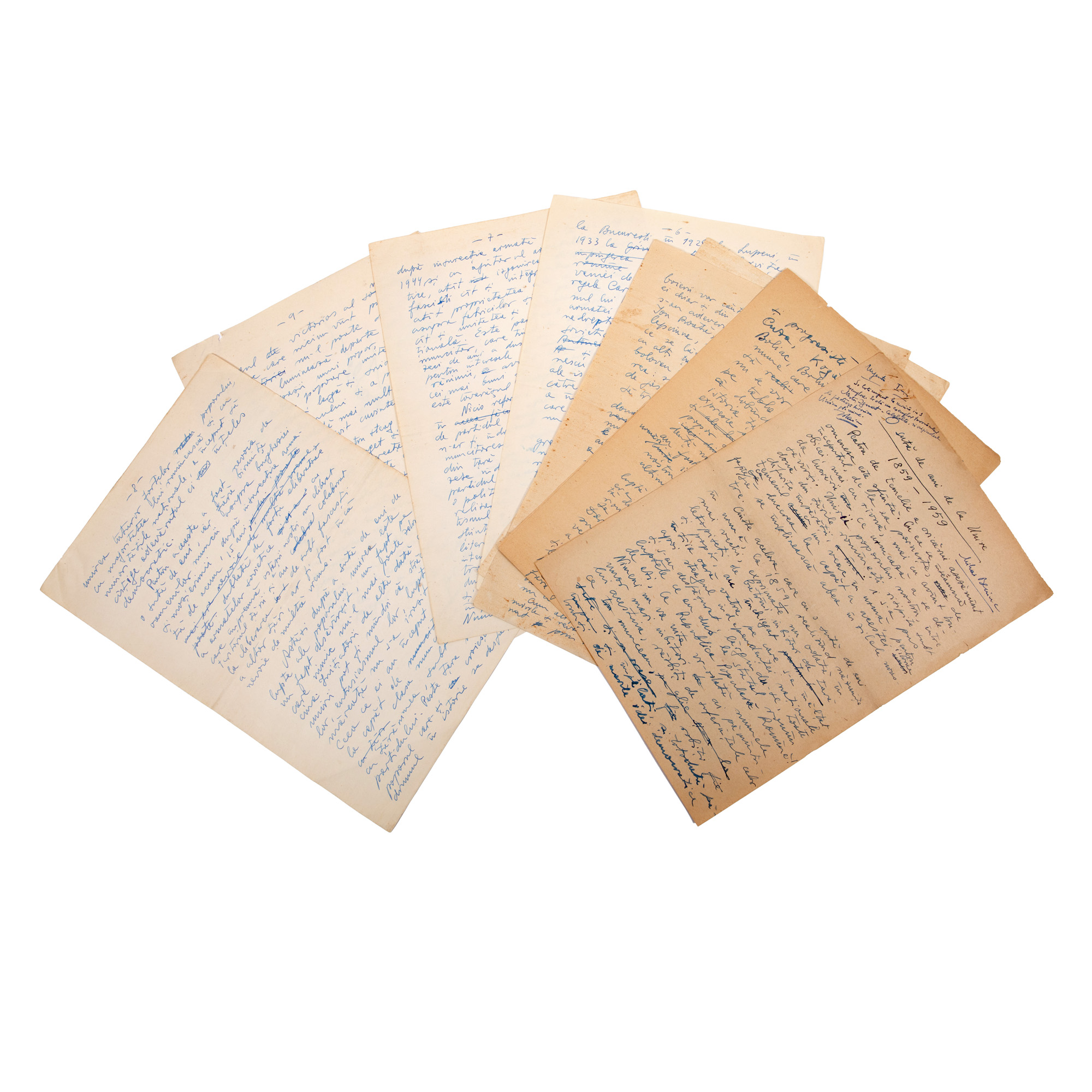 Manuscrisul articolului de presă "O sută de ani de la Unire 1859-1959", redactat de Mihai Beniuc, cu semnătură olografă și indicații de paginare