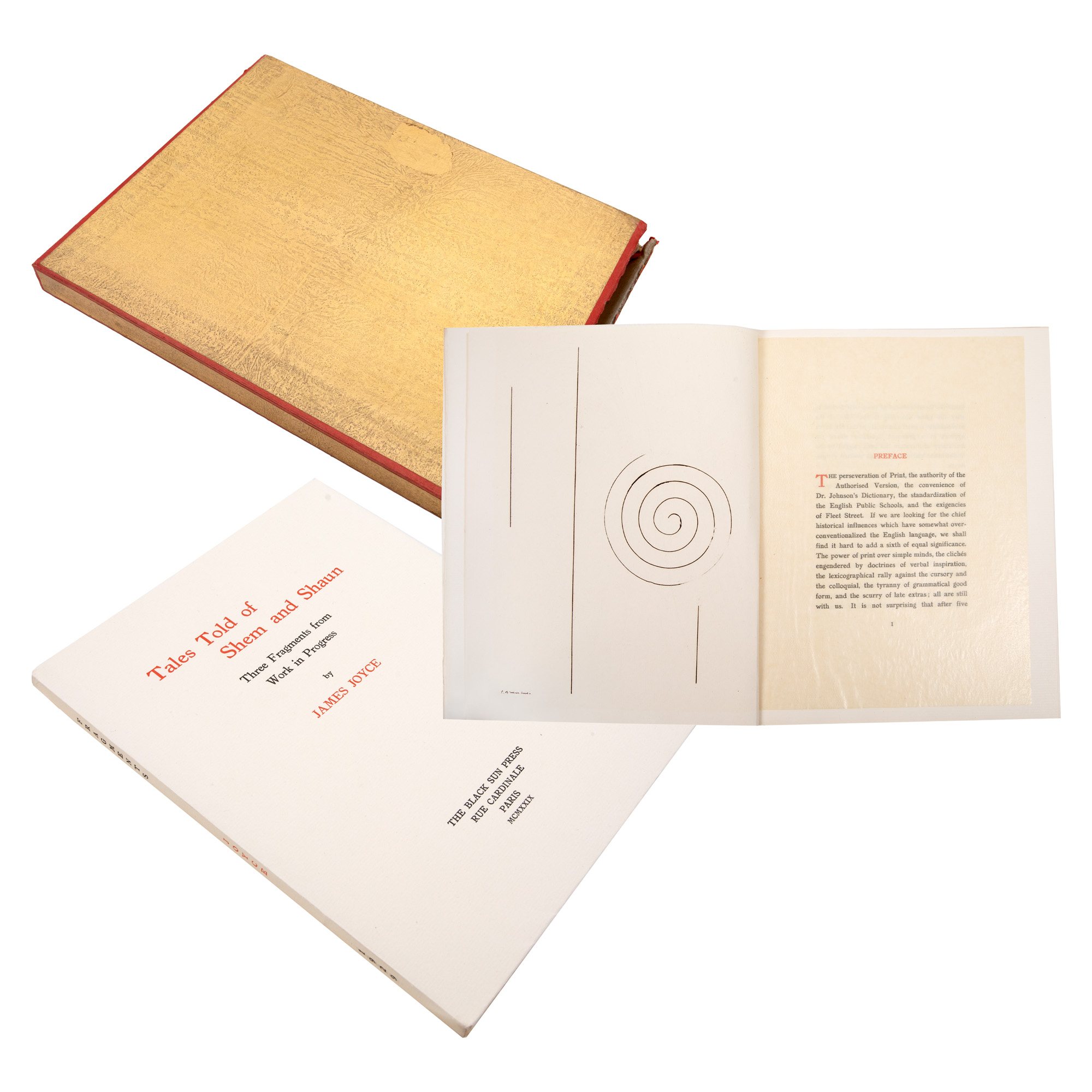 "Tales Told of Shem and Shaun", James Joyce, Paris, 1929, exemplar nr. 391/500, cu o litografie de Constantin Brâncuși, reprezentând portretul scriitorului