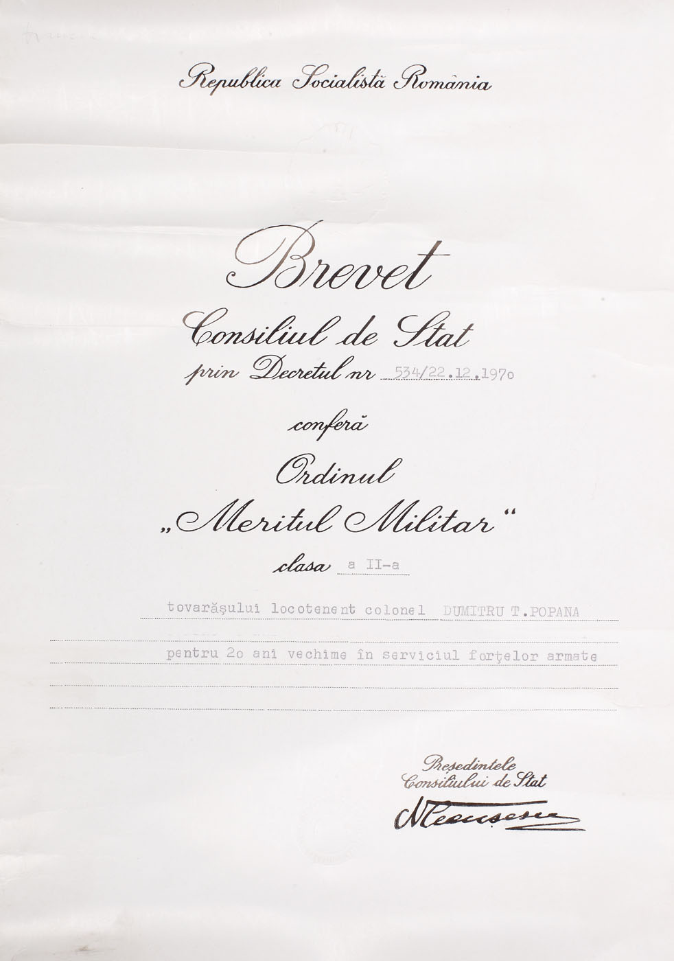 Brevet al Consiliului de Stat, Ordinul "Meritul Militar", clasa a II-a, semnat de Nicolae Ceauşescu