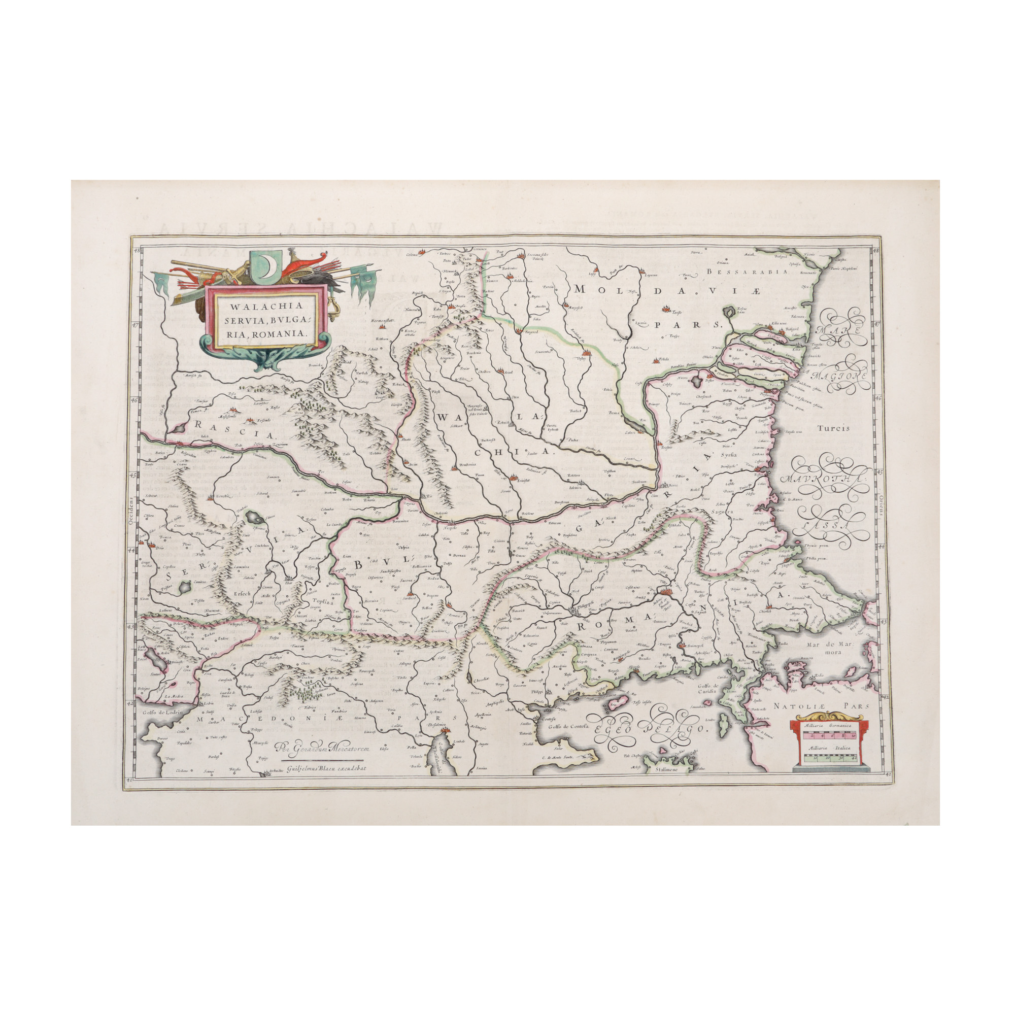 Map of Wallachia, Serbia, Bulgaria, Rumelia, by Willem Janszoon Blaeu, Amsterdam, 1635