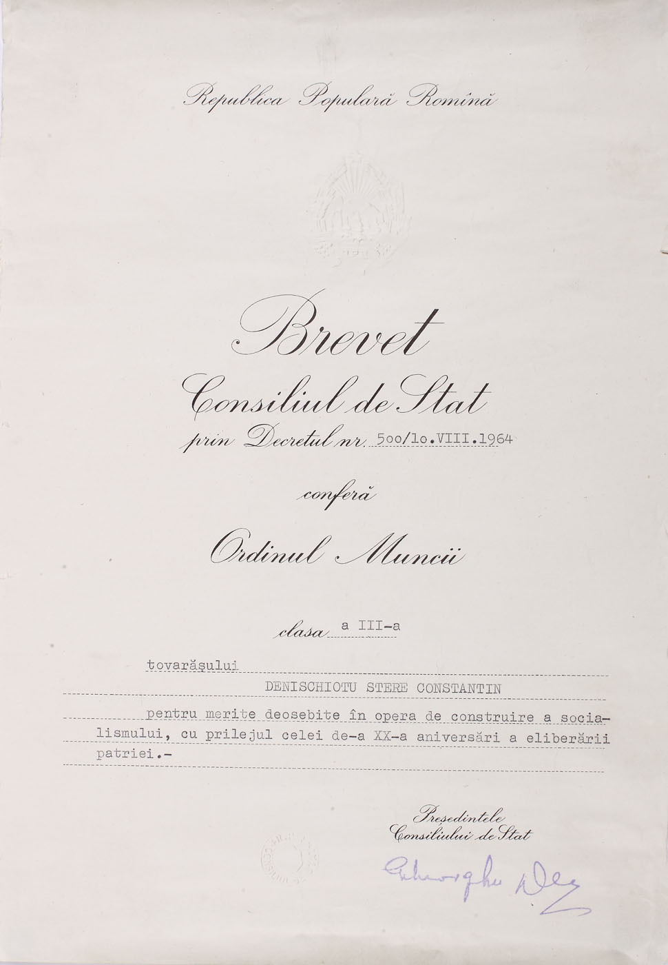 Brevet al Consiliului de Stat, Ordinul "Muncii", clasa a III-a, semnat Gh. Gheorghiu Dej, 1964