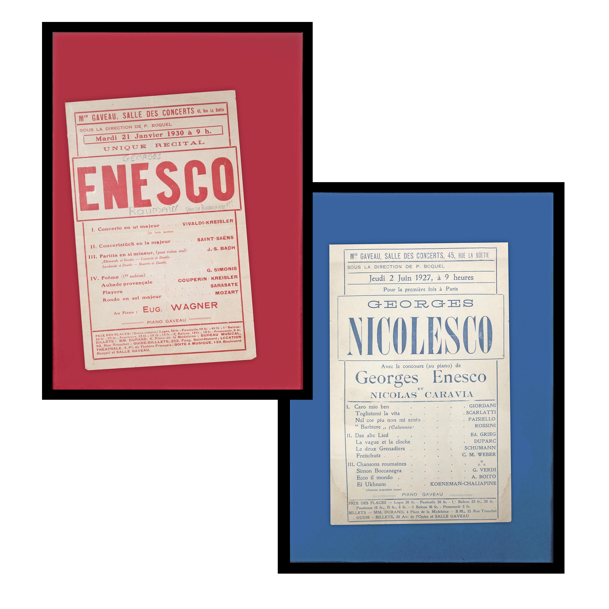 Lot format din două afișe de promovare a concertelor lui Geoge Enescu în Franța, Paris, 1927 și 1930