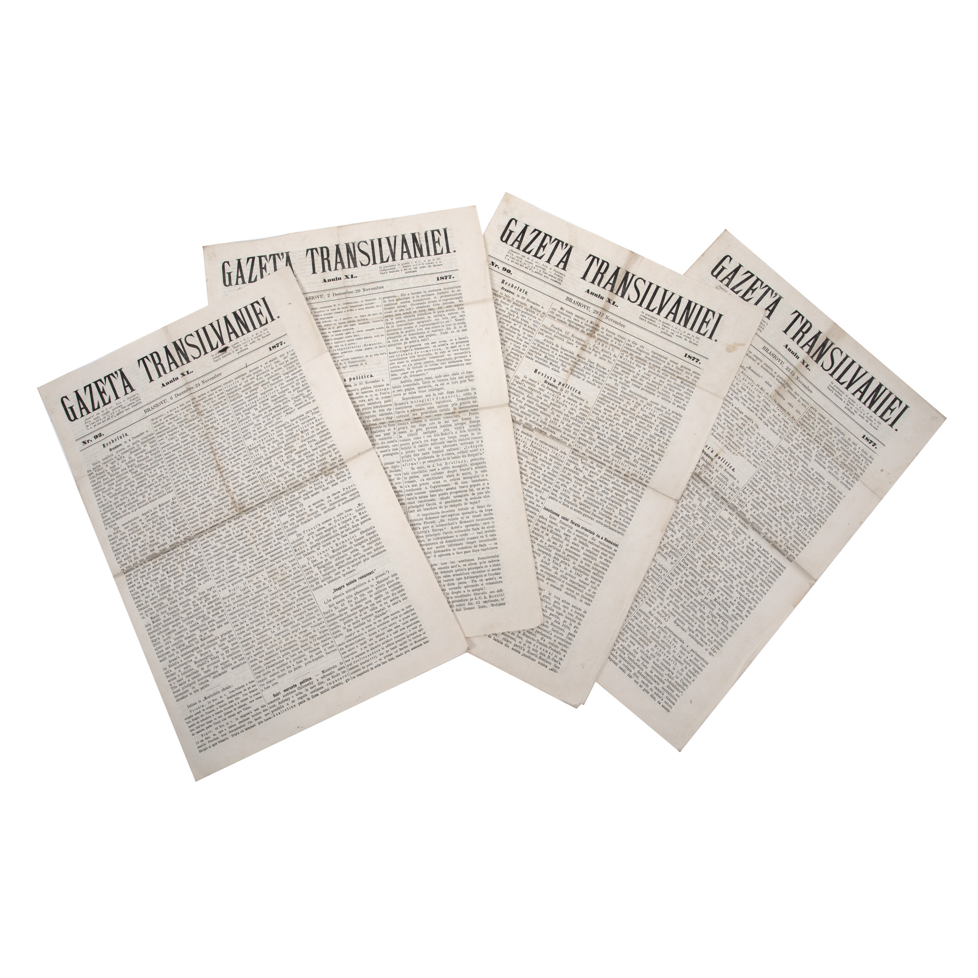 Lot format din patru numere ale ziarului ”Gazeta Transilvaniei”, Brașov, 1877 (nr. 89-92), numere dedicate Războiului de Independență al României
