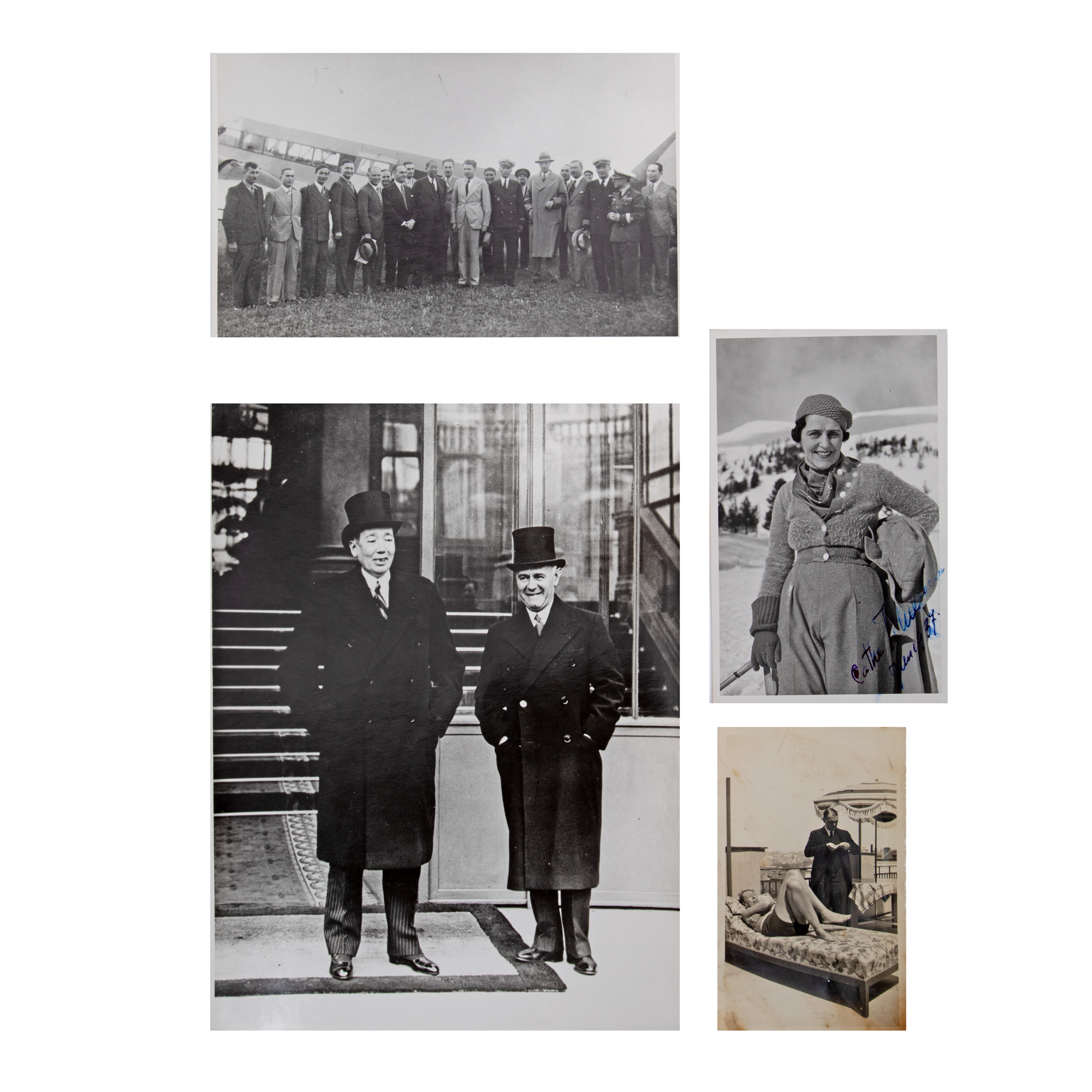 Set of four photographs depicting Nicolae Titulescu, one of them next to Grigore Gafencu and one depicting his wife, Ecaterina Titulescu, with her handwritten signature 