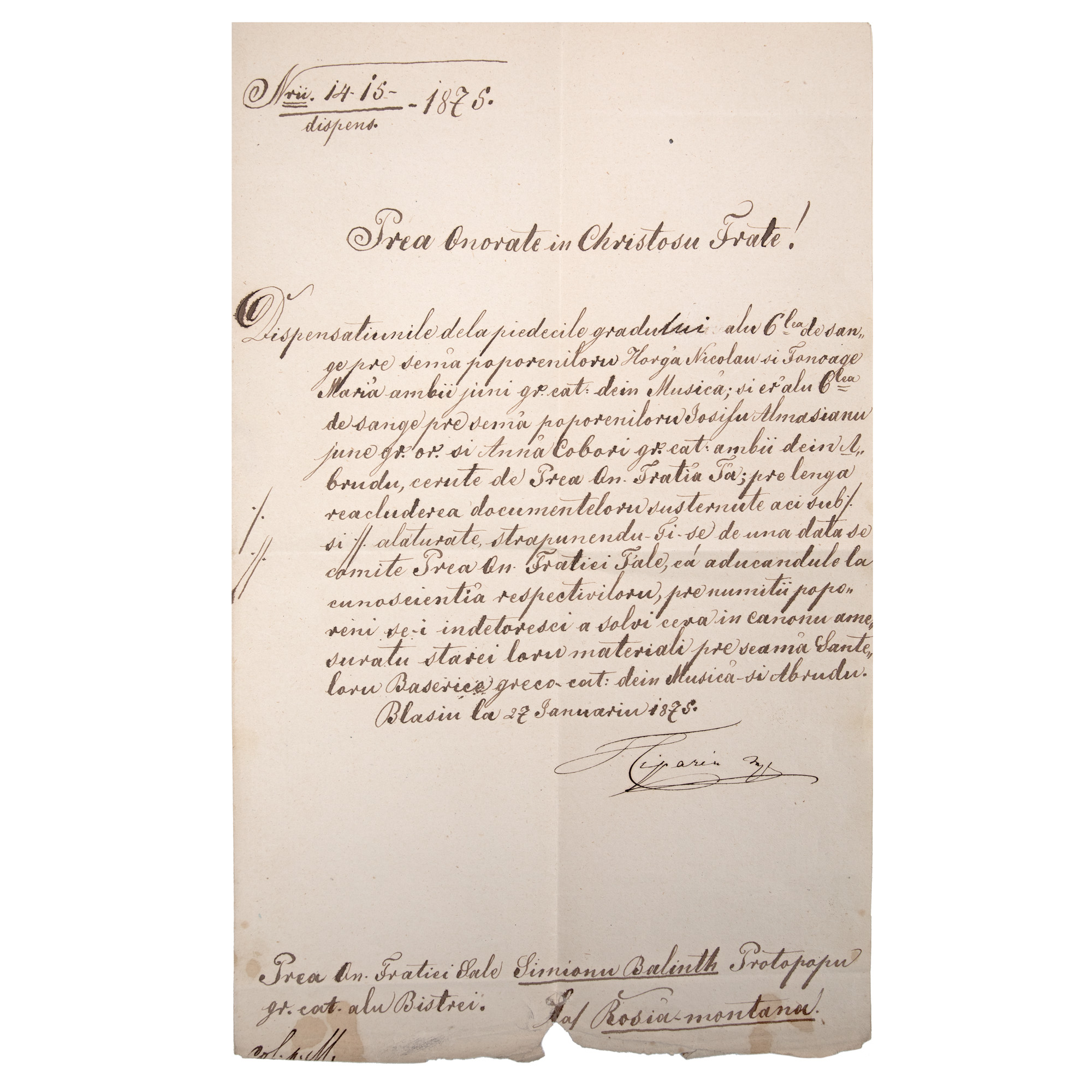 Scrisoare trimisă de Timotei Cipariu către Simion Balint, Blaj, 27 ianuarie 1875
