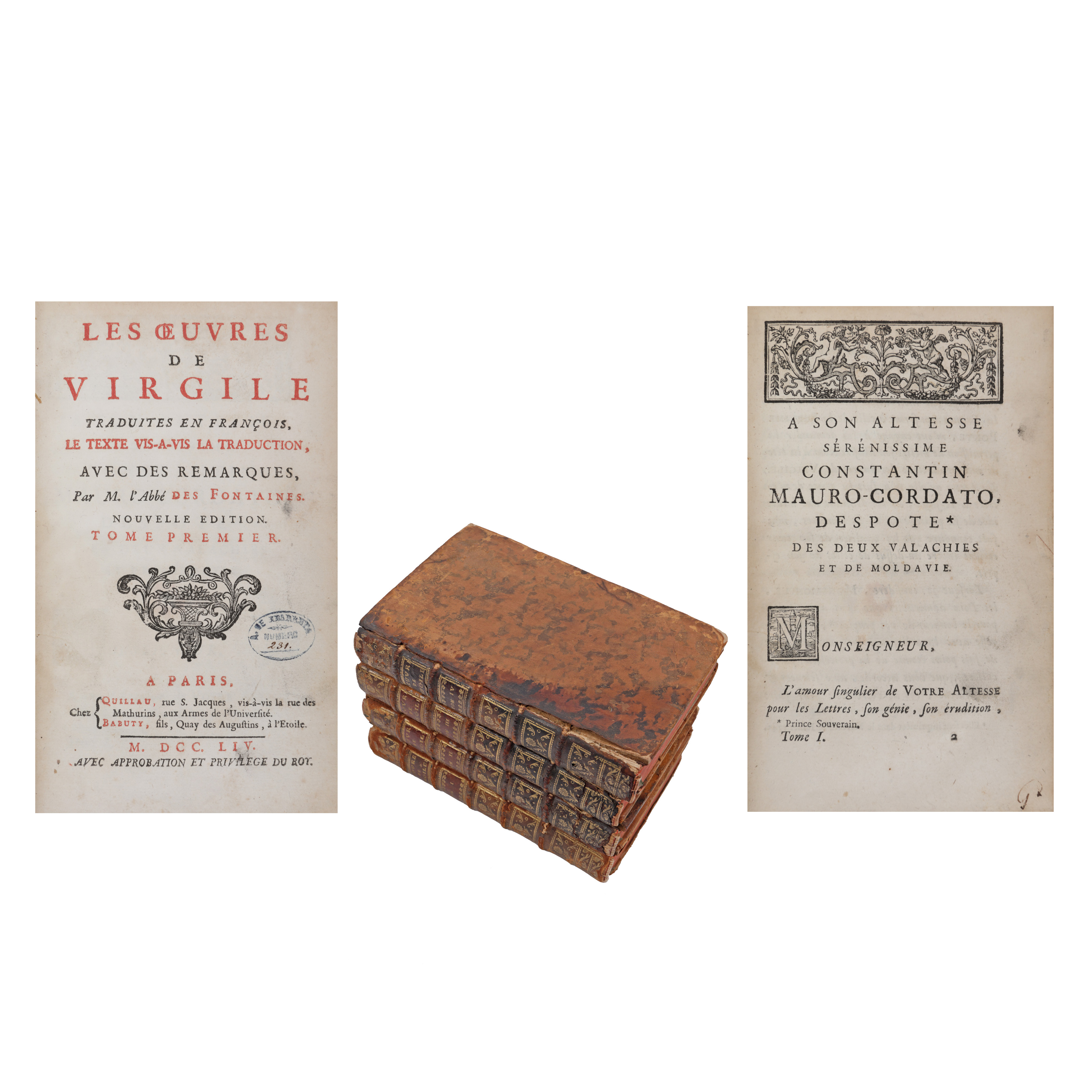 ‘Operele lui Virgiliu’ (Virgil's Works), by the abbot Pierre François Guyot-Desfontaines, four volumes, French, Paris, 1754