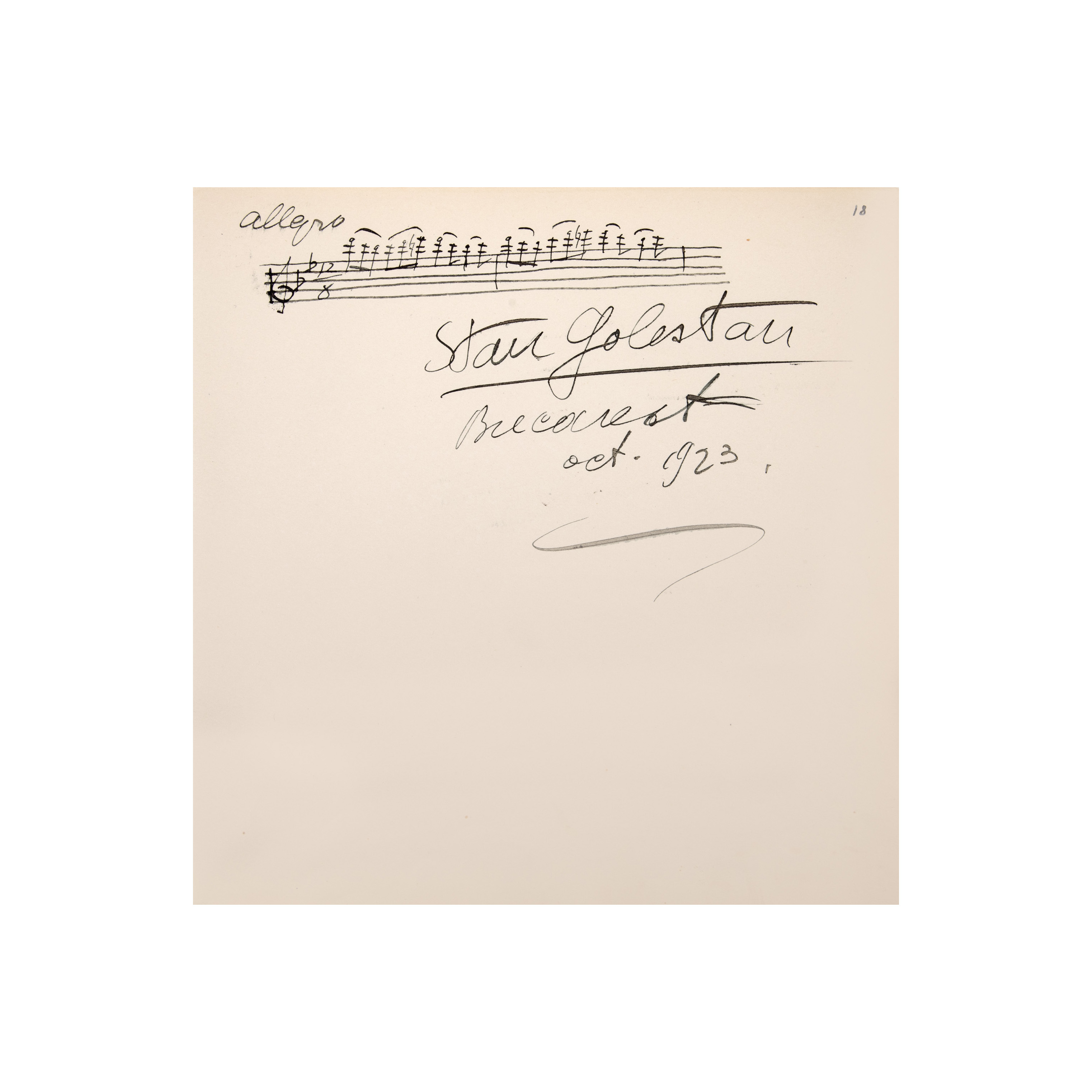 Handwritten score of composer Stan Golestan, Bucharest, October 1923, with handwritten signature of the composer, rare piece, collectible