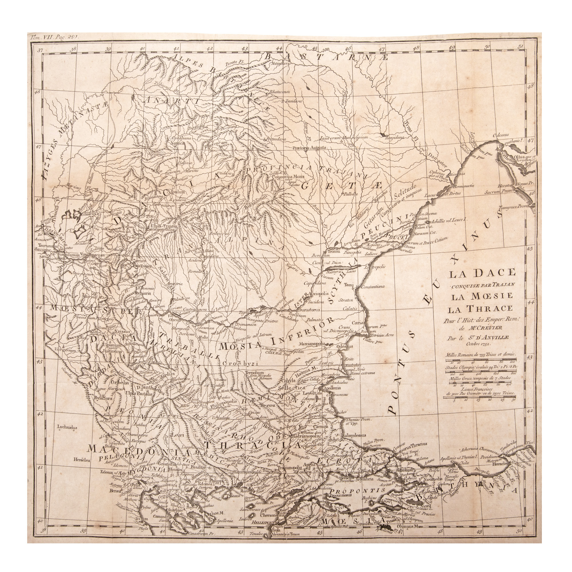 Hartă "Dacia, Moesia și Tracia", de Jean Baptiste Bourguignon d`Anville, cca. 1751-1760