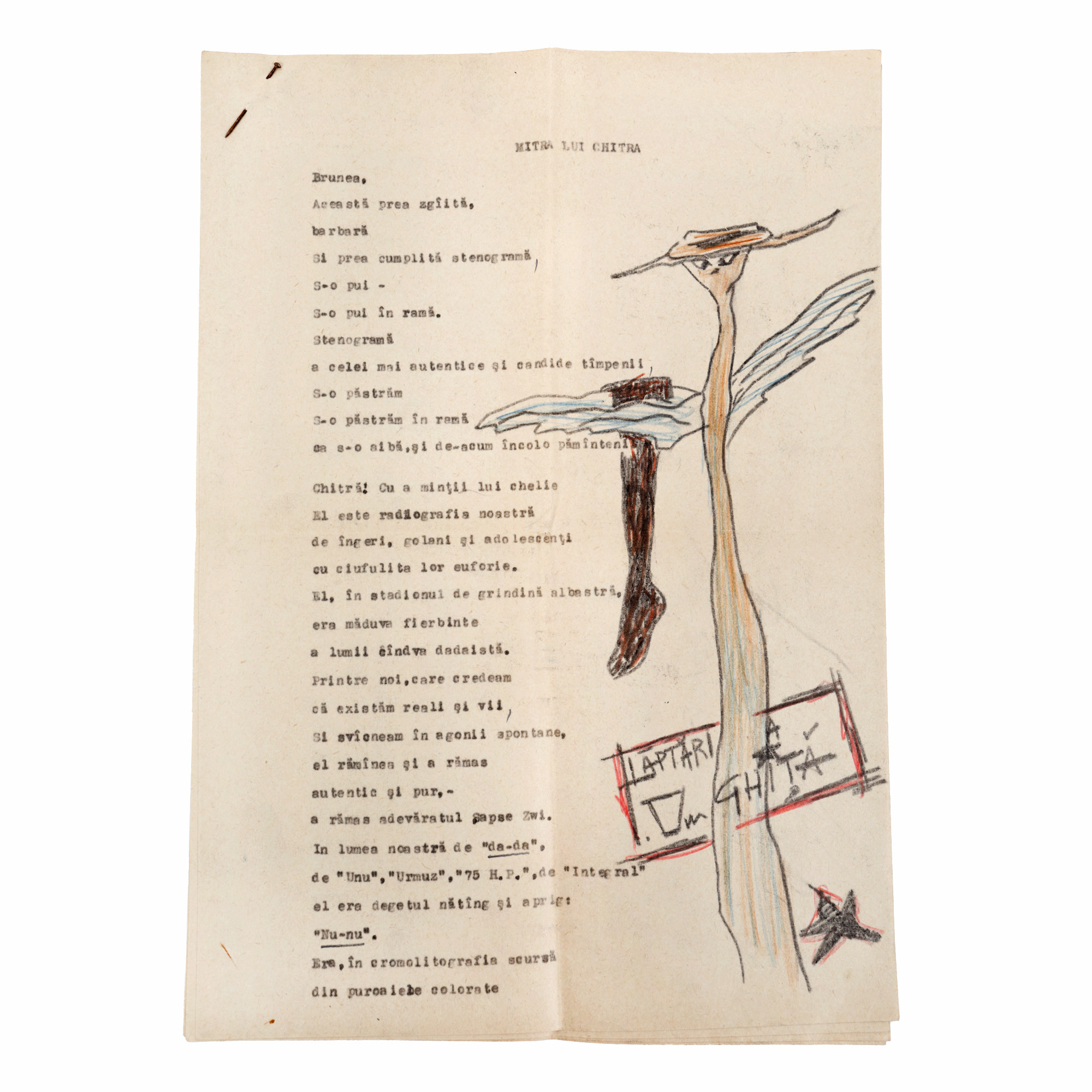 Manuscris dactilografiat ”Mitra lui Chitra”, de Gheorghe Dinu, cu un desen original al autorului, ianuarie 1963, cu semnătură olografă, provine din arhiva fostului ministru de externe George Macovescu