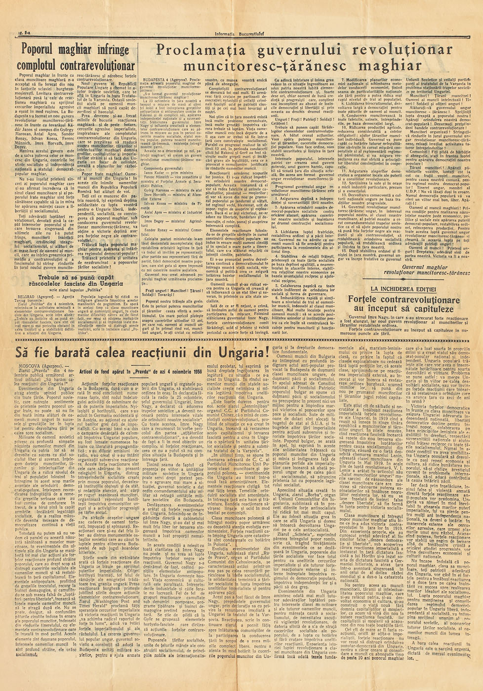 Ziarul "Informaţia Bucureştiului", prezentând revoluţia din Ungaria, 4 noiembrie 1956