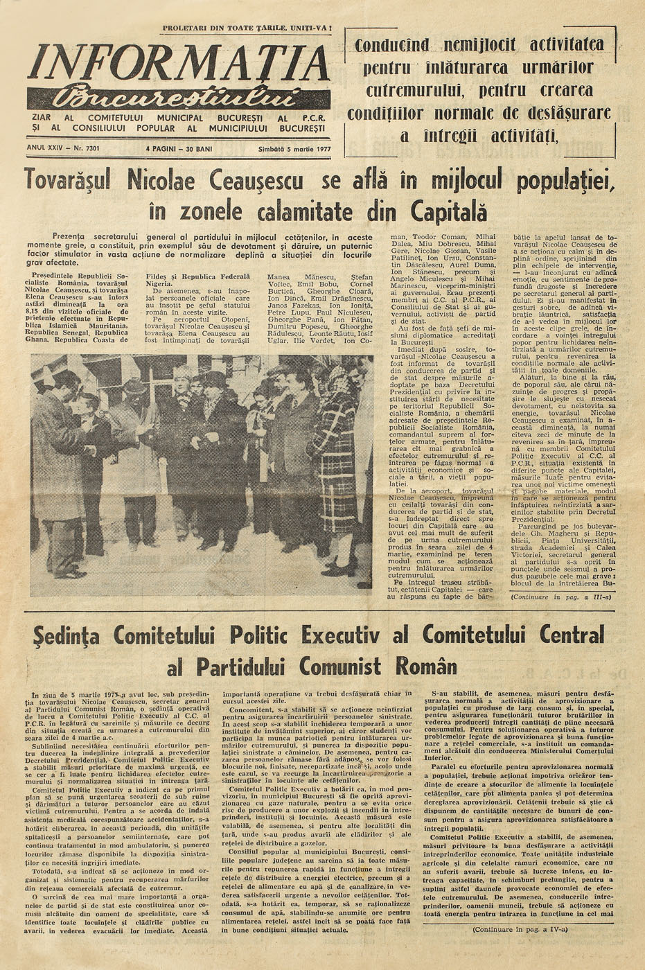 Ziarul "Informația Bucureștiului", despre cutremurul din capitală și implicarea lui Nicolae Ceauşescu, 5 martie 1977