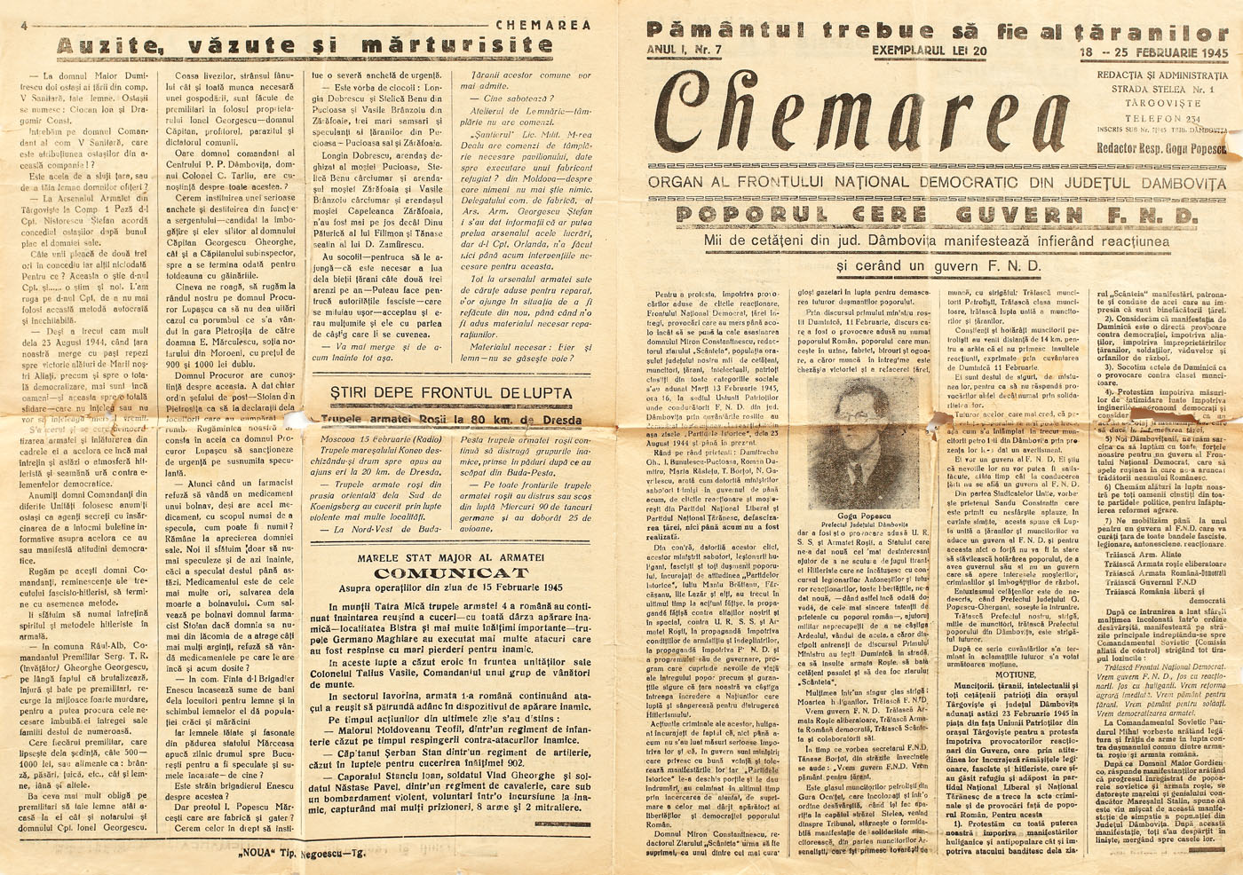 Ziarul "Chemarea" al Frontului Naţional Democratic, cu îndemnul "Pământul trebuie să fie al ţăranilor", 18-25 februarie 1945. Piesă rară, de colecţie