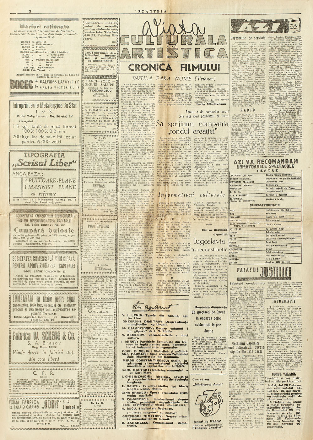 "Scânteia" newspaper, members of the Political Office of the Central Committee of the Romanian Workers' Party, single party, after merging with PSDR, 27 February 1948