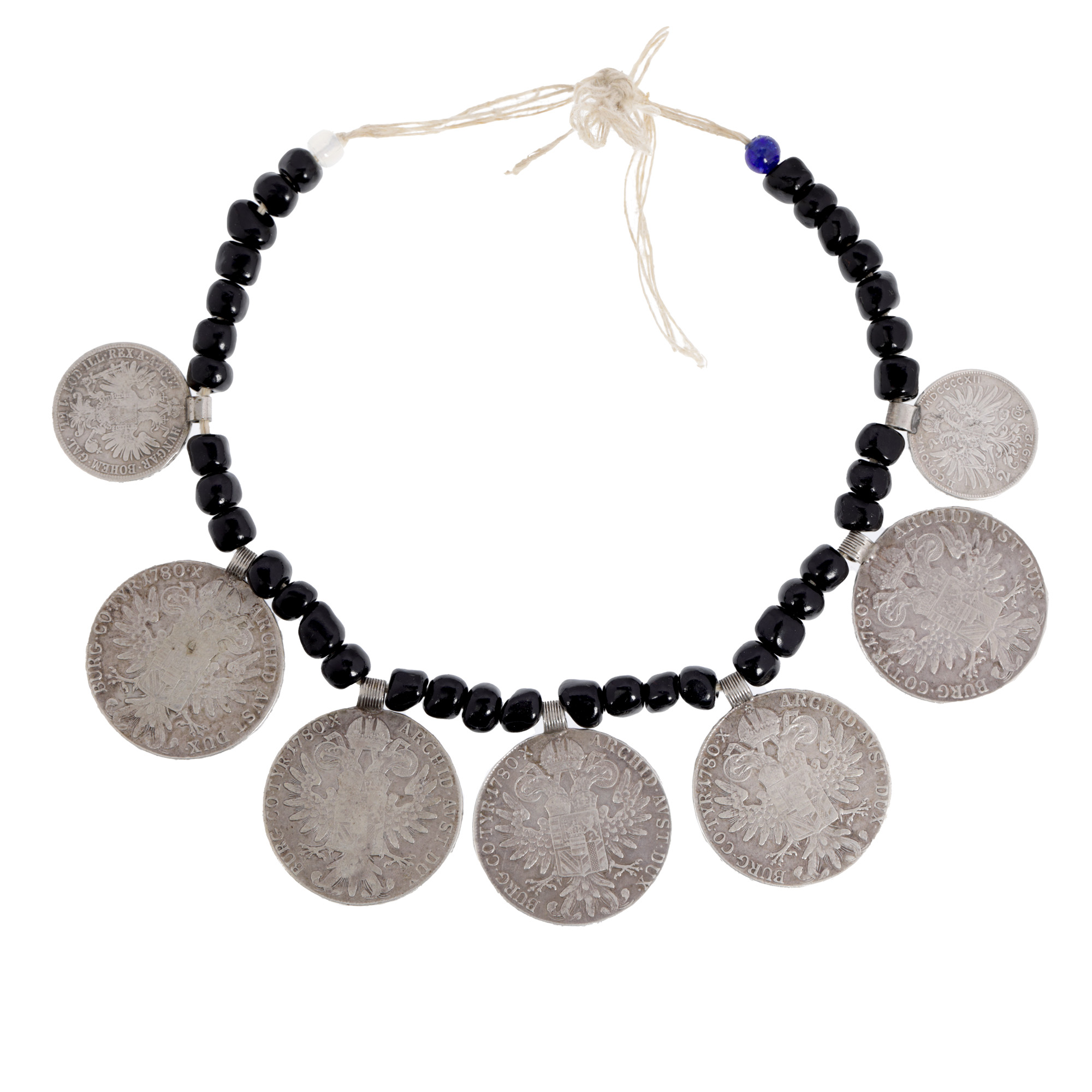 Coin necklace (Maria Theresa thalers and two Franz Joseph coins), Venetian glass beads, Transylvania, approx. 1920