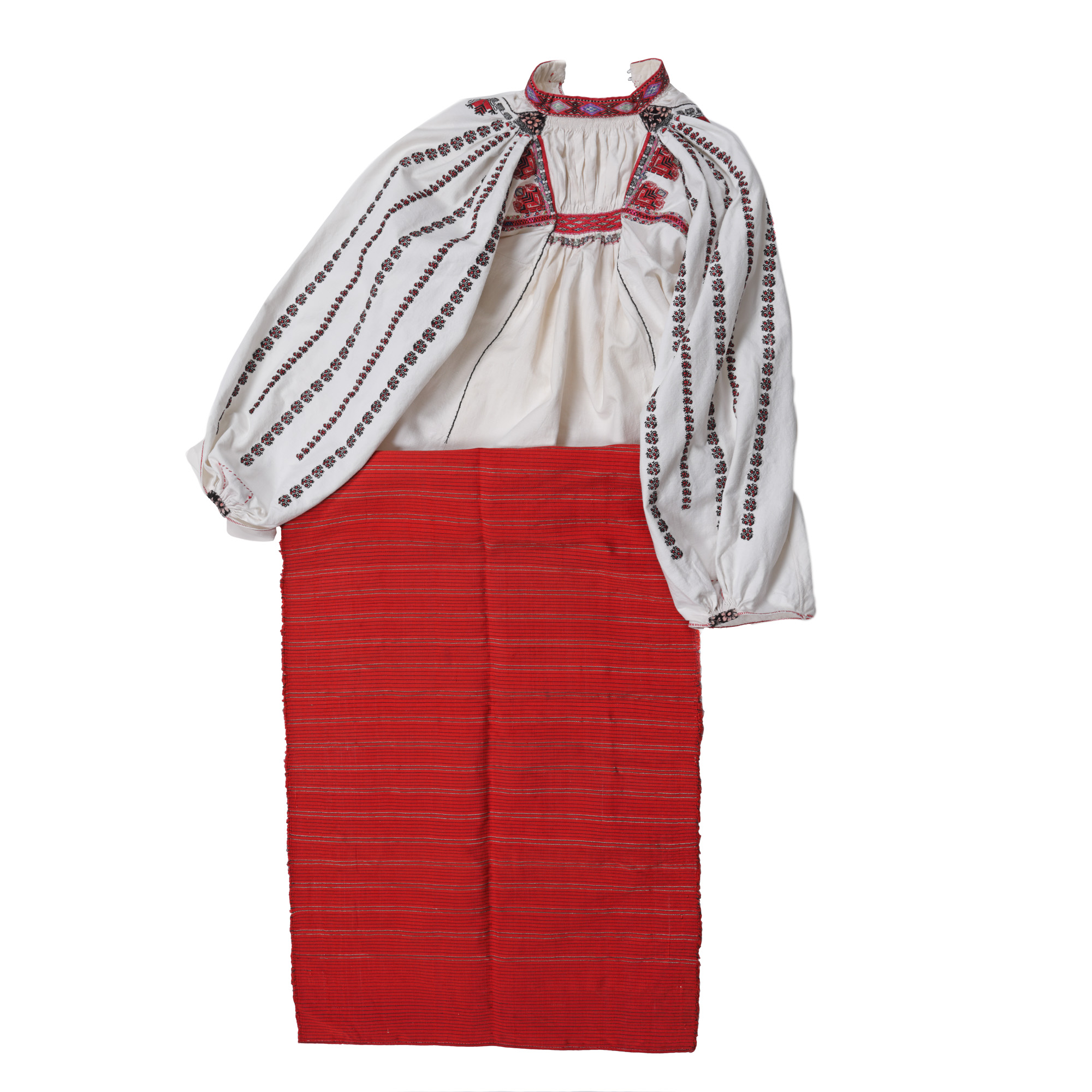 Shirt and striped wool skirt, embroidered/weaved with metallic thread, Bulgarin minority from Dudeștii Vechi, Banat, approx. 1900, museum pieces