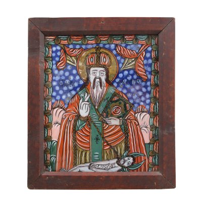 Icoană pe glajă, ”Sfântul Haralambie, legând ciuma”, atelierul familiei Tămaș din Făgăraș, probabil Petru Tămaș-fiul, a doua jumătate a sec. XIX