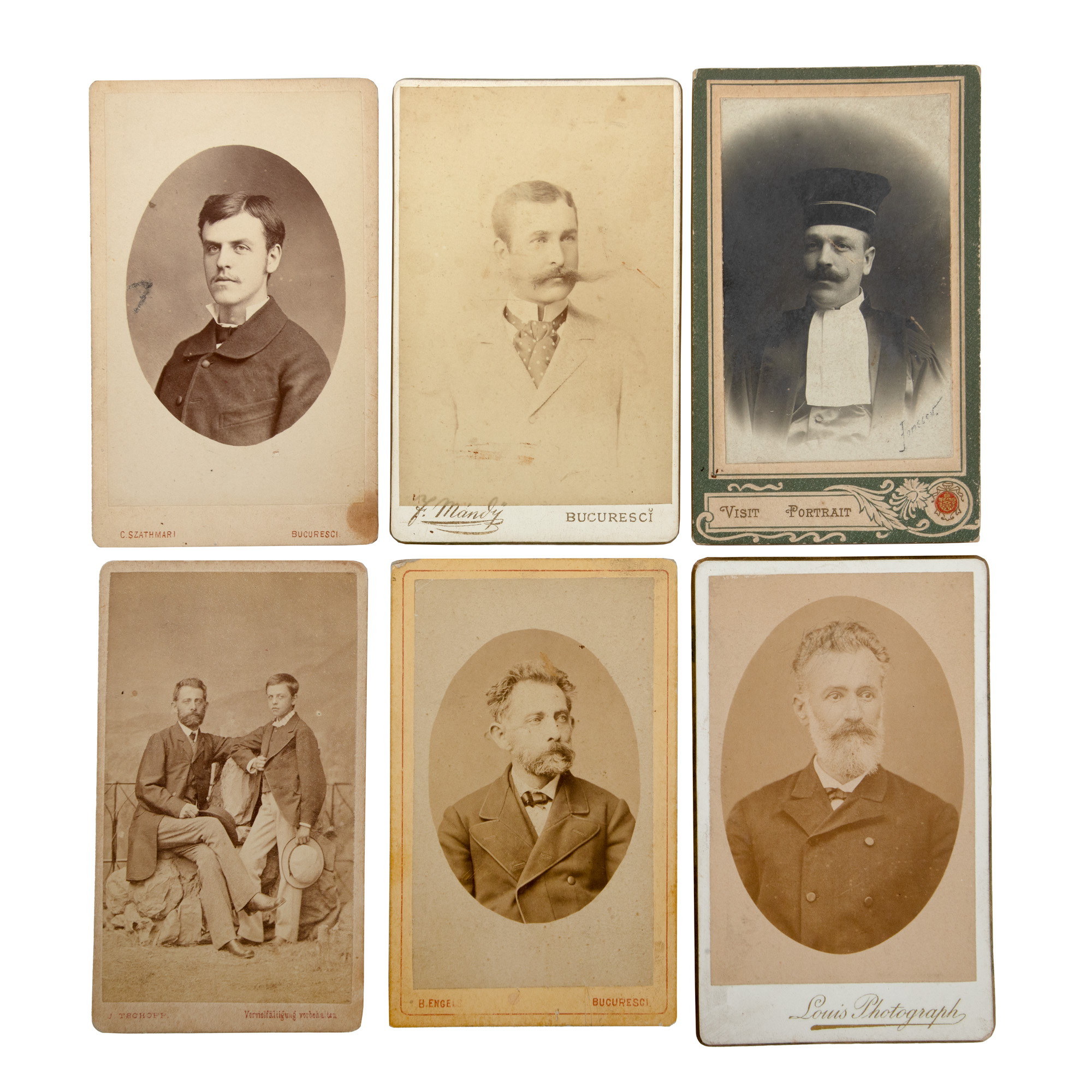 Lot format din șase fotografii de epocă ilustrându-l pe Vasile Maniu, fiul său Grigore și un tânăr, ateliere fotografice B. Engels, Louis, J. Tschopp, Franz Mandy și Carol Popp de Szathmary, București, cca. 1885, provin din colecția Rodica Maniu și Samuel Mützner