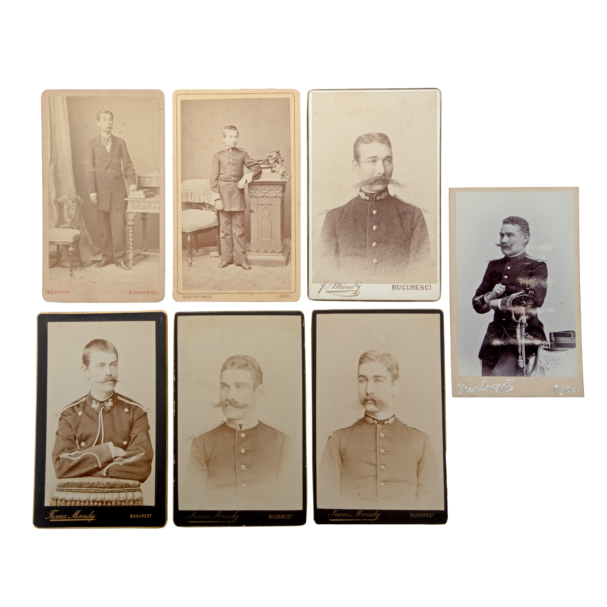 Lot consisting of seven vintage photographs illustrating Colonel Dimitrie C. Călinescu, young officer Tony Călinescu, a military school student, a senior officer and two young officers, Rembrandt, Franz Mandy, Nestor Heck and Franz Duschek photographic workshops, Bucharest, Iași and Craiova, approximately 1900-1902, from the collection of Rodica Maniu and Samuel Mützner
