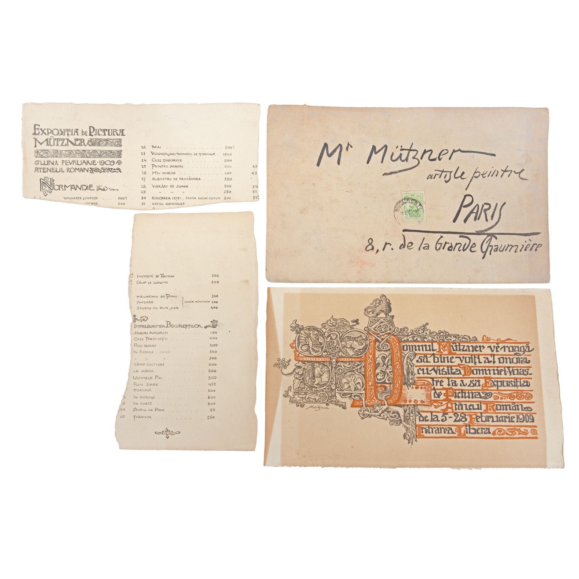 Lot format dintr-o invitație la o expoziție a pictorului Samuel Mützner la Ateneul Român, 5-28 februarie 1909, alături de un fragment din lista de prețuri, în plicul original, provin din colecția Rodica Maniu și Samuel Mützner