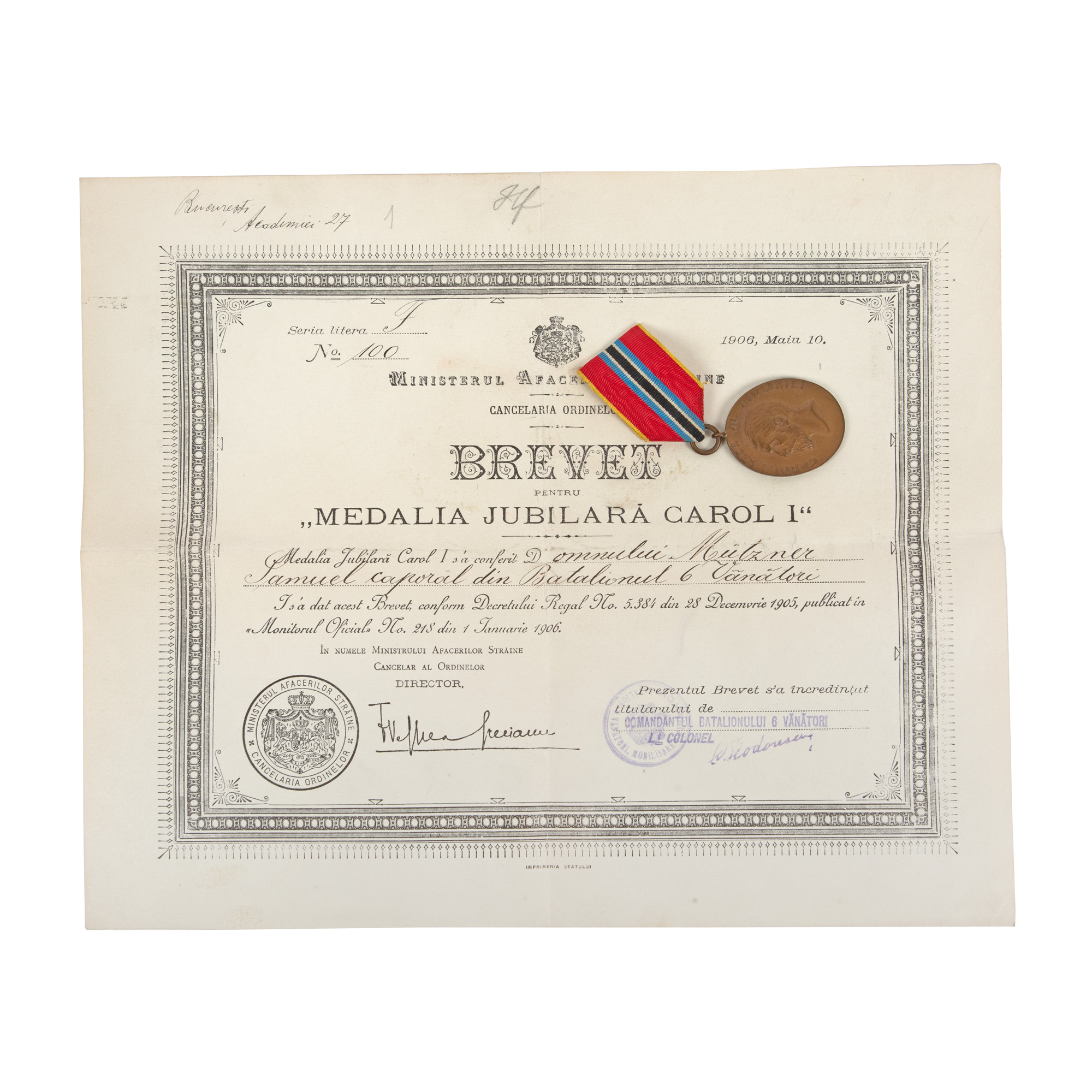 Lot consisting of the 'Carol I' Jubilee Medal, for soldiers, engraver Paul Telge, together with the patent of award to Samuel Mützner, dated 1906, from the collection of Rodica Maniu and Samuel Mützner 
