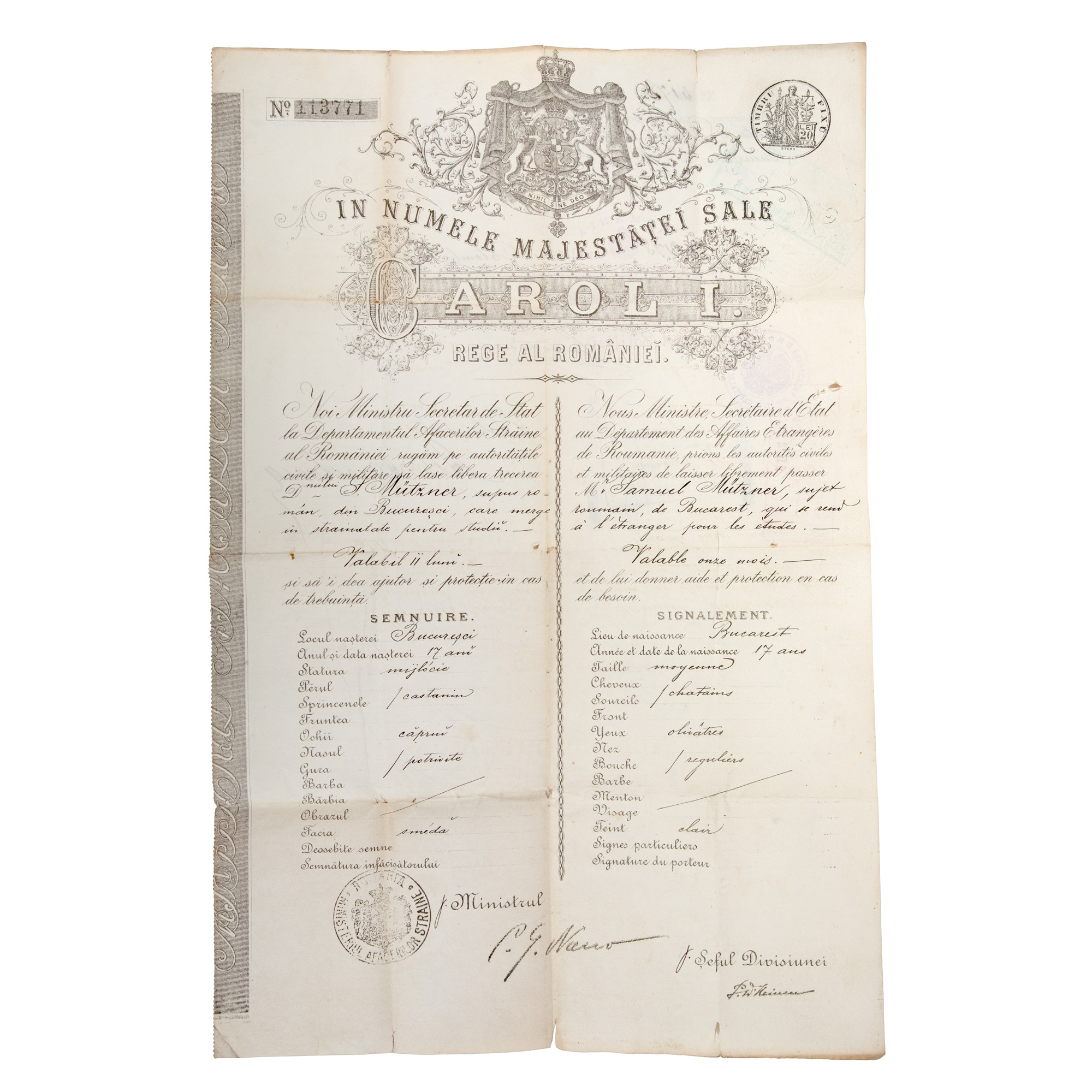 Passport from the period of King Carol I, issued for the travels abroad of the painter Samuel Mützner, 1901-1902, from the collection of Rodica Maniu and Samuel Mützner