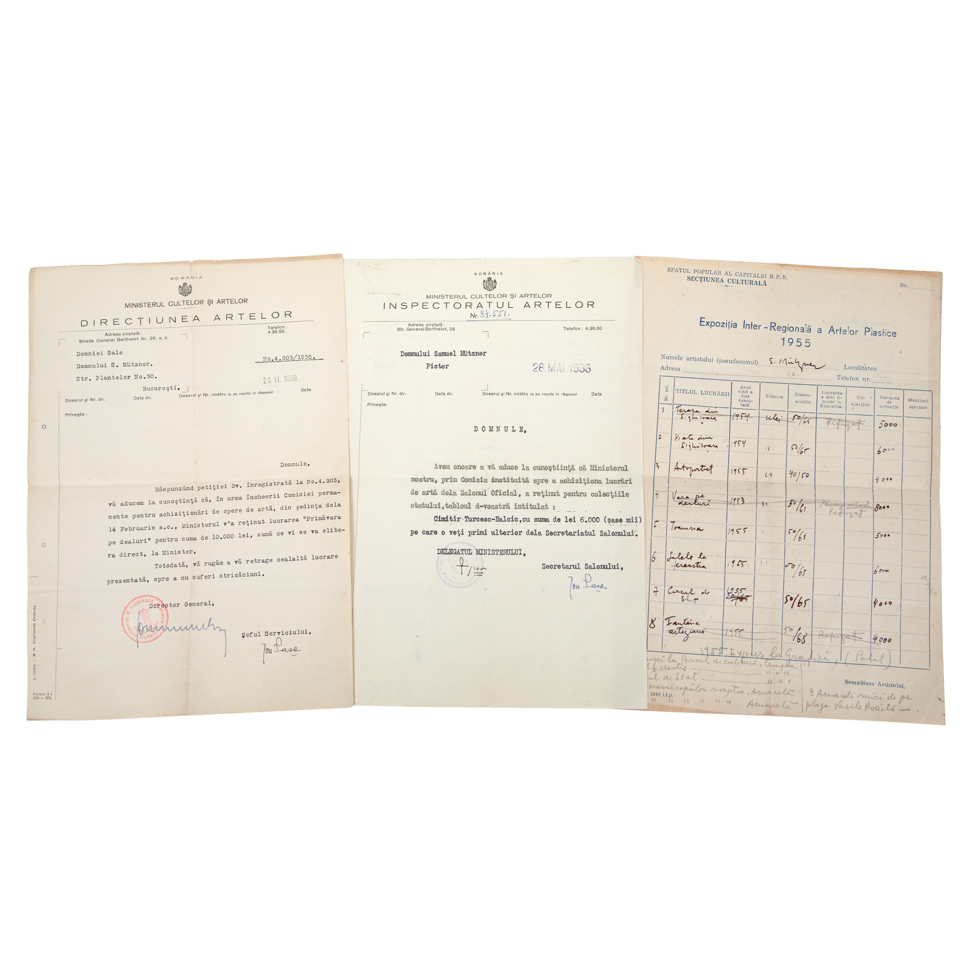 Lot format dintr-o listă cu lucrările lui Samuel Mützner din cadrul Expoziției Inter-Regionale a Artelor Plastice din 1955 și două înștiințări despre achiziția a două tablouri de către stat, cu antetul Ministerului Cultelor și Artelor, datate 1936 și 1938, provin din colecția Rodica Maniu și Samuel Mützner