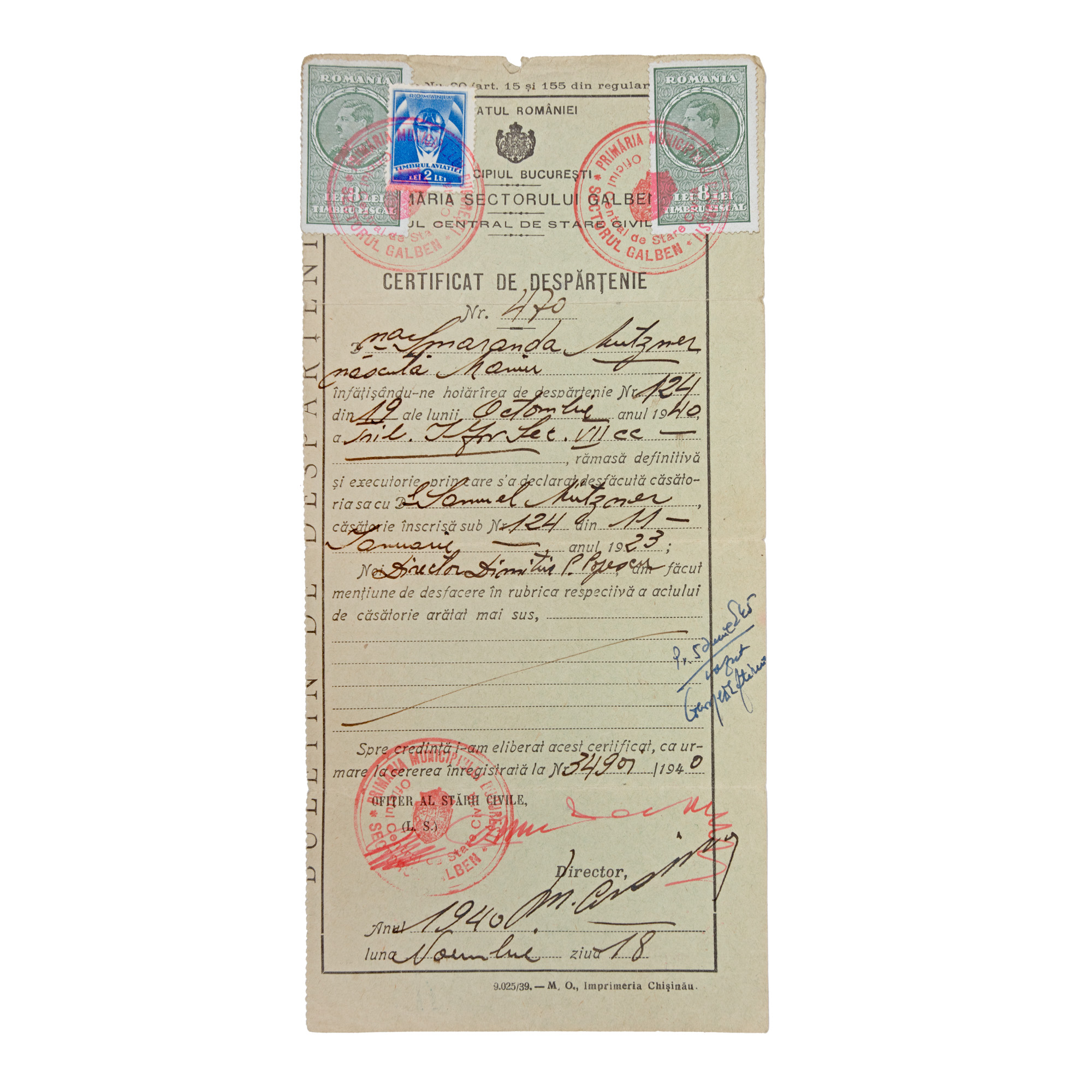 Certificat de divorț (despărțenie) dintre Rodica Maniu și Samuel Mützner, datat 18 noiembrie 1940, provine din colecția Rodica Maniu și Samuel Mützner
