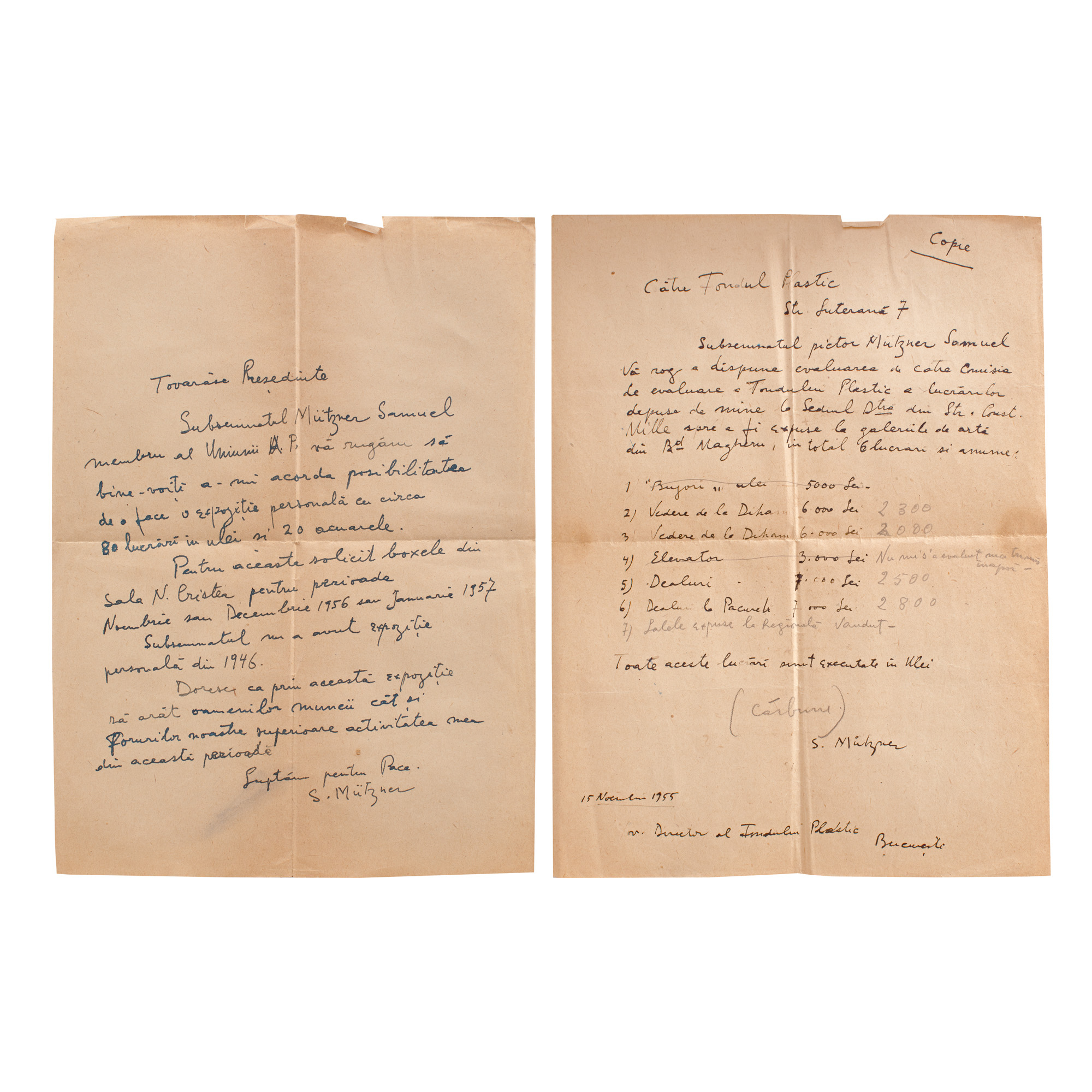 Lot format din două documente, cu semnătura olografă a lui Samuel Mützner, adresate Fondului Plastic și președintelui acestuia, 1955-1957, provin din colecția Rodica Maniu și Samuel Mützner