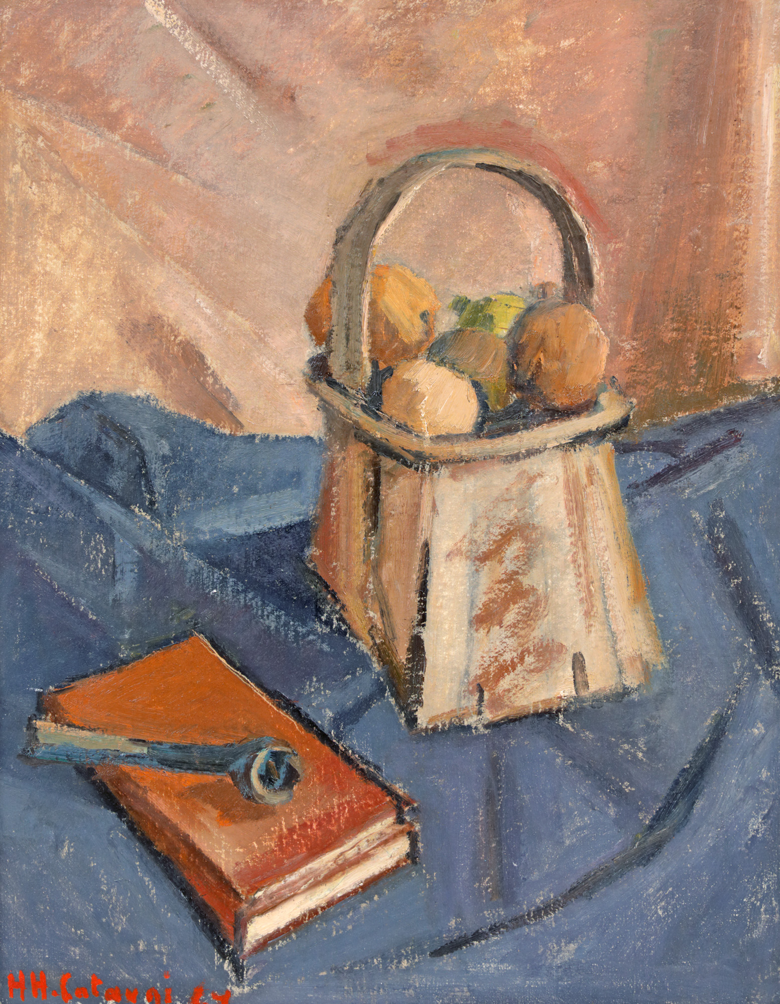 Natură statică cu pipă și coș cu fructe