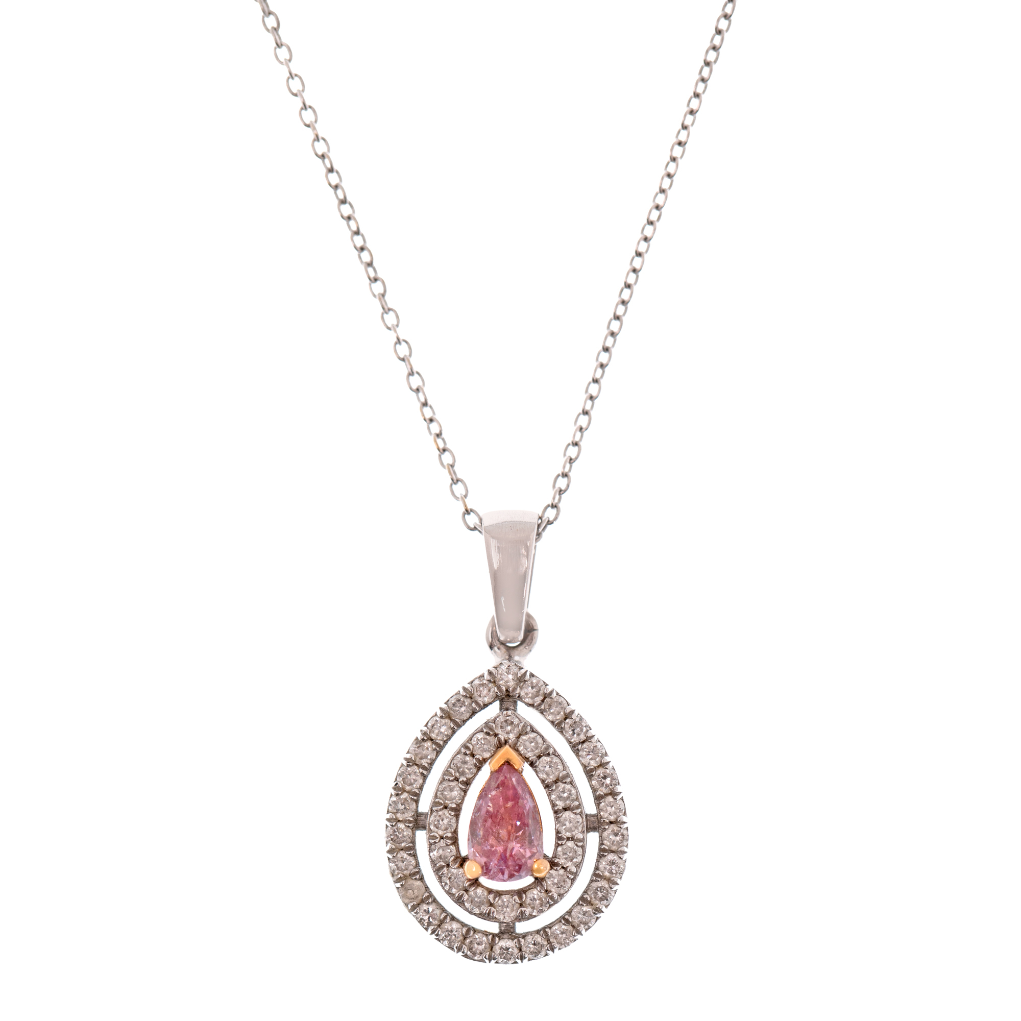 Chain with white gold pendant, decorated with pink diamond surrounded with brilliant cut diamonds