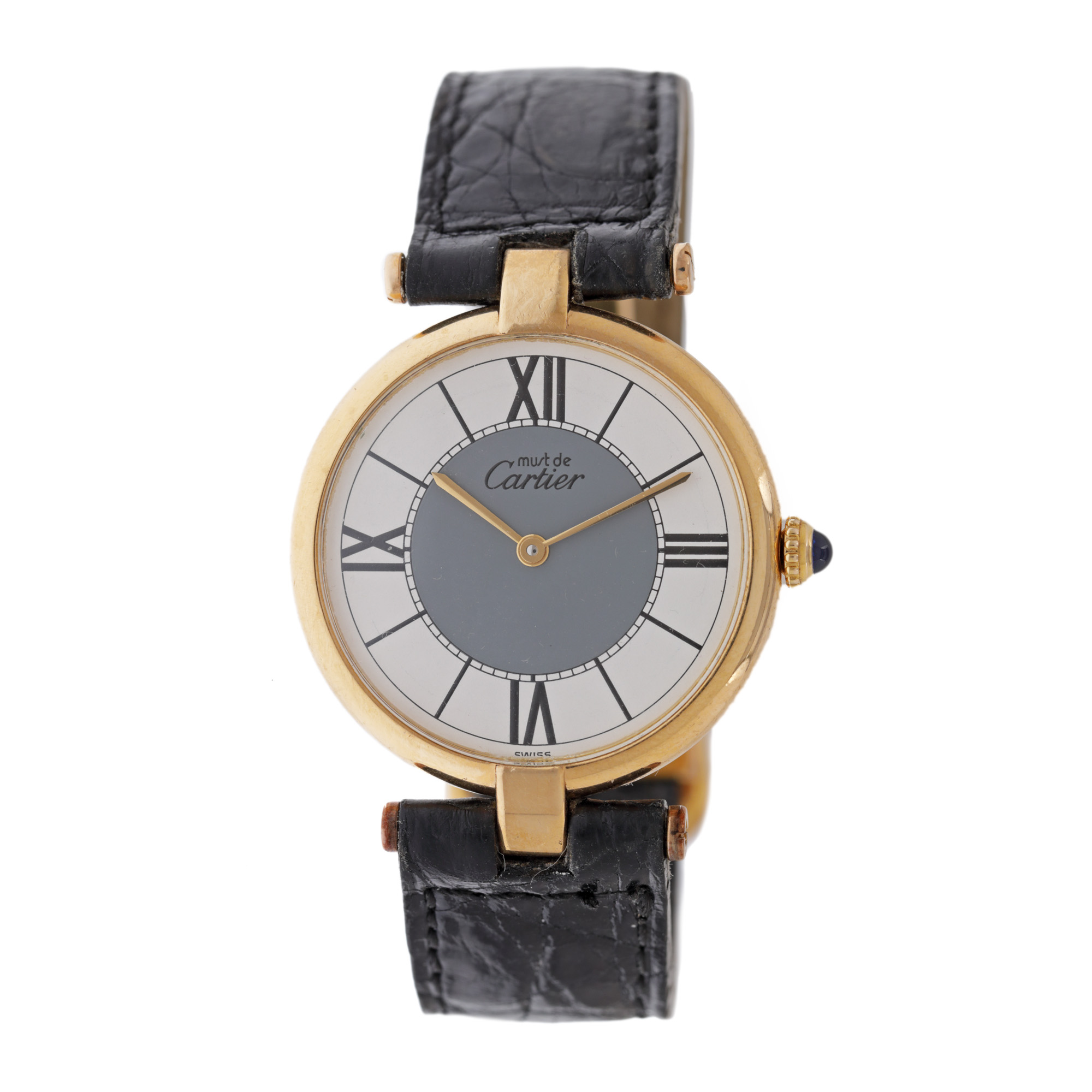 Ceas Must de Cartier, din argint aurit, de mână, de damă, însoțit de cutie Cartier