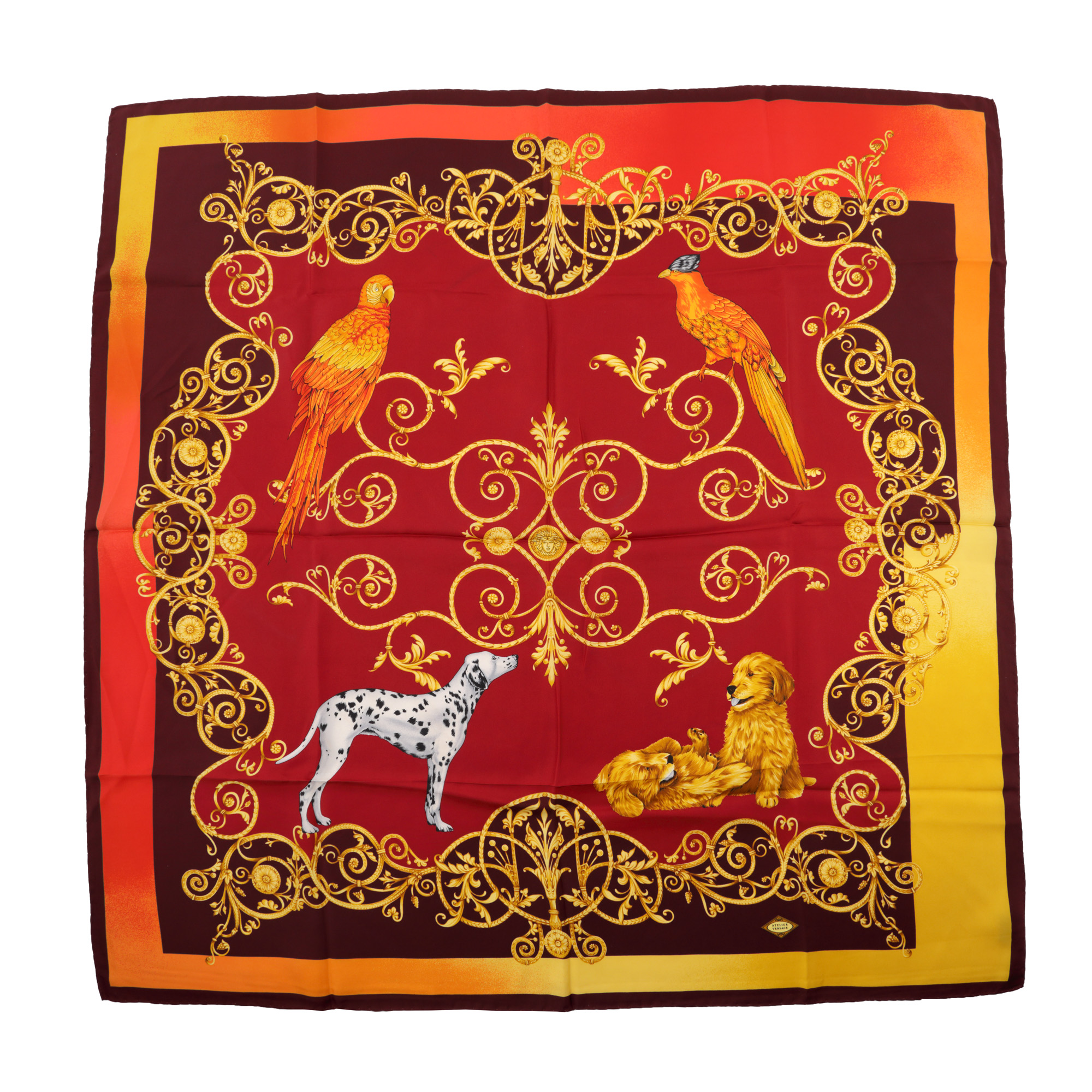 Eșarfă Versace din mătase, decorată cu păsări și căteluși