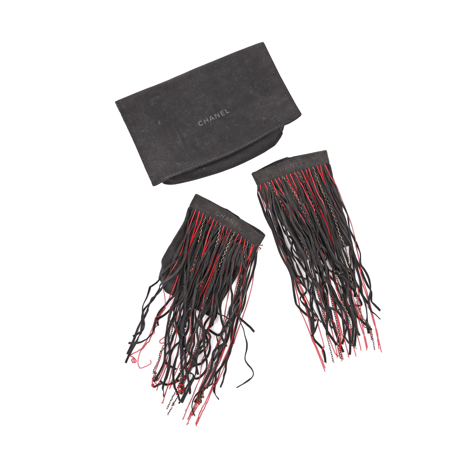 Chanel pair of gloves, suede, with fringes and links, original box