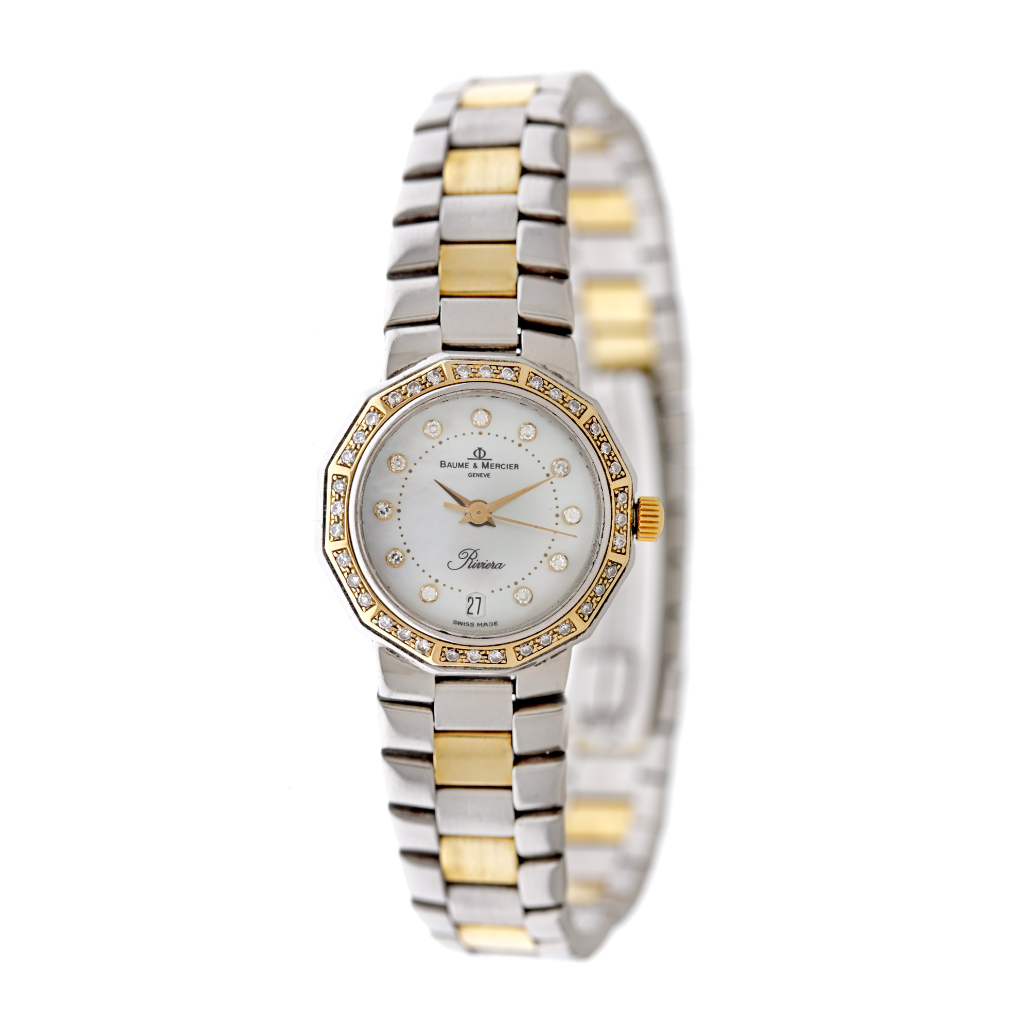 Ceas Baume & Mercier Riviera, din oțel placat cu aur, cu diamante, de mână, de damă