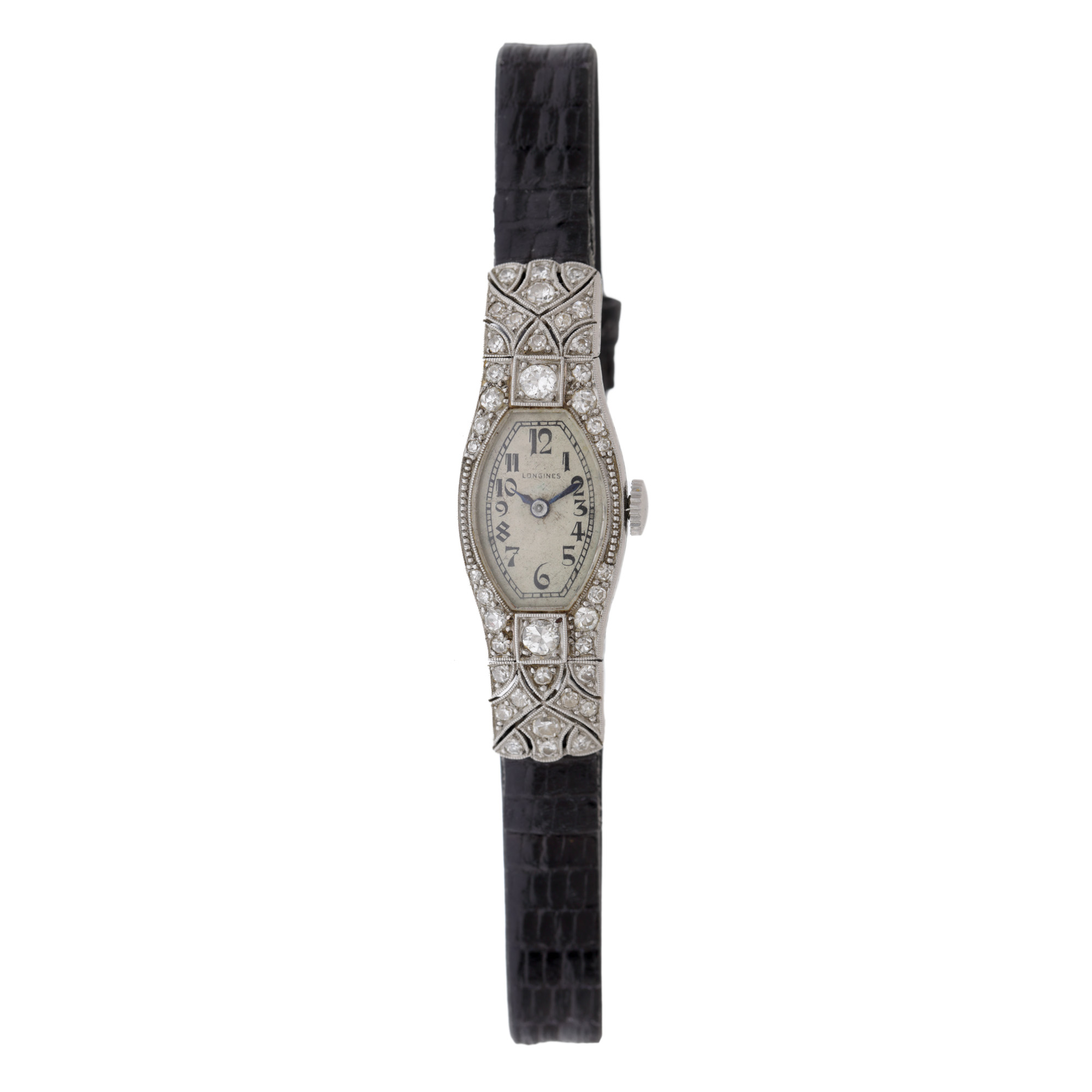 Longines Grand Prix wristwatch, women's, platinum decorated with diamonds, original box