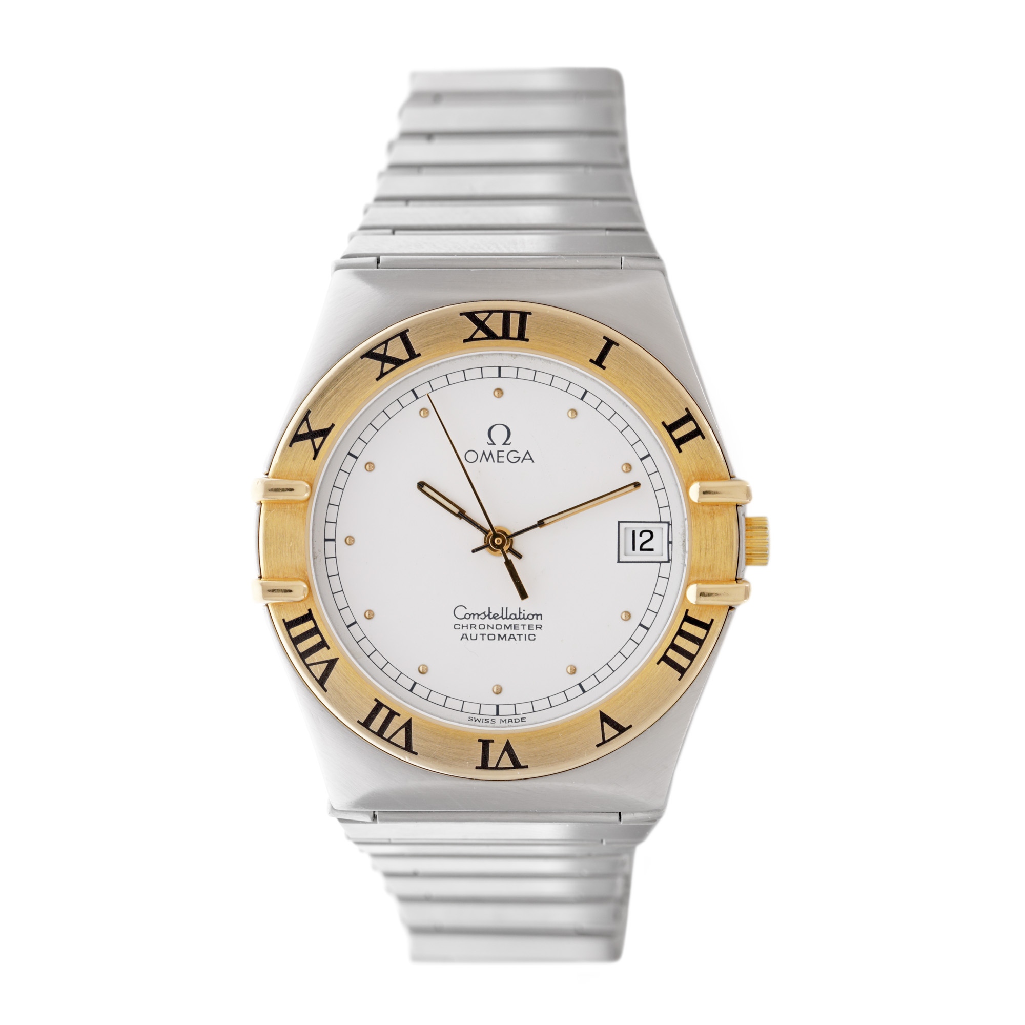 Ceas Omega Constellation, din aur și oțel, de mână, bărbătesc, însoțit de cutia originală și fișă service