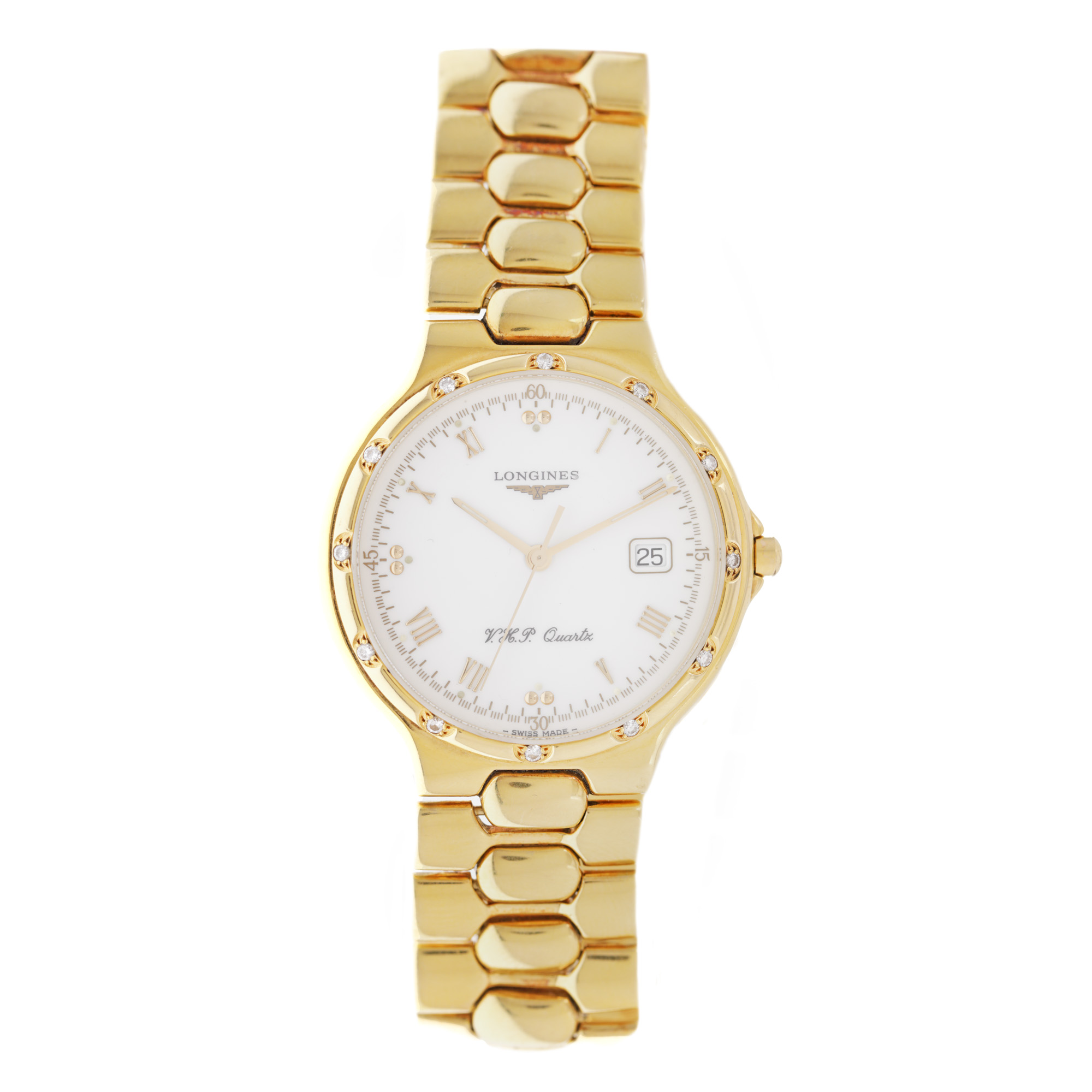 Longines Conquest wristwatch, gold, with diamonds, men's, original box and spare link