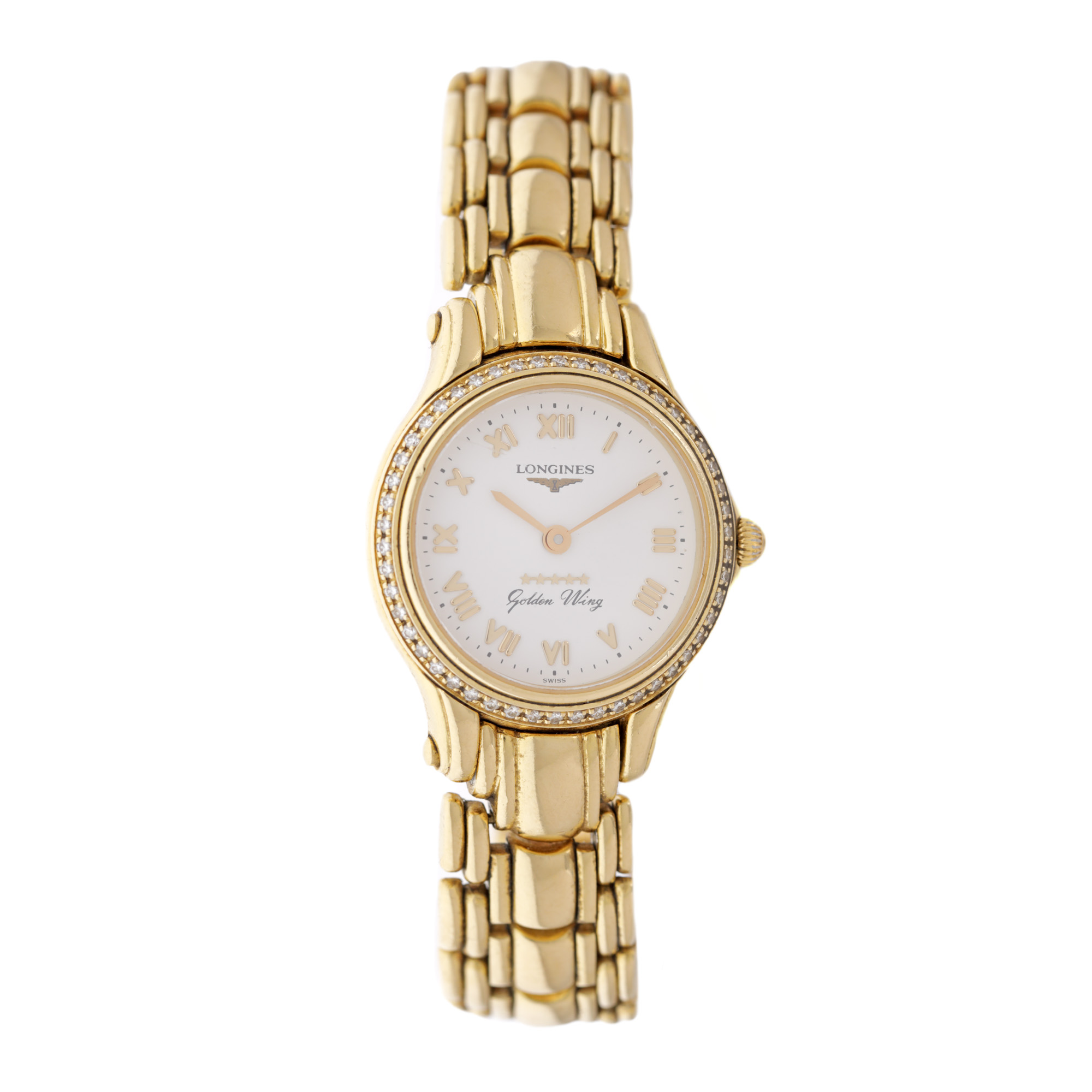 Ceas Longines Golden Wings, din aur, cu diamante, de mână, de damă, însoțit de cutia originală