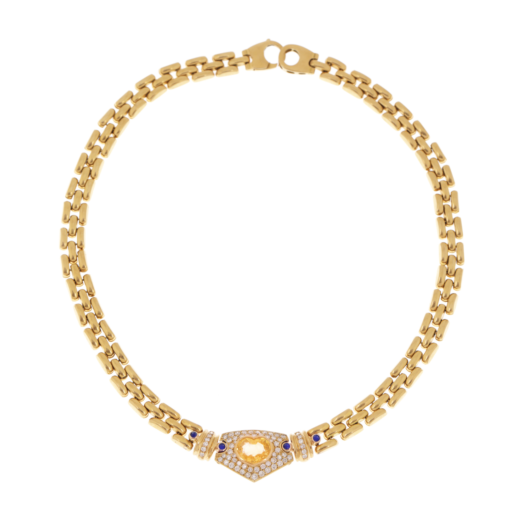 Colier din aur, decorat cu safir galben heart shaped, diamante și safire albastre