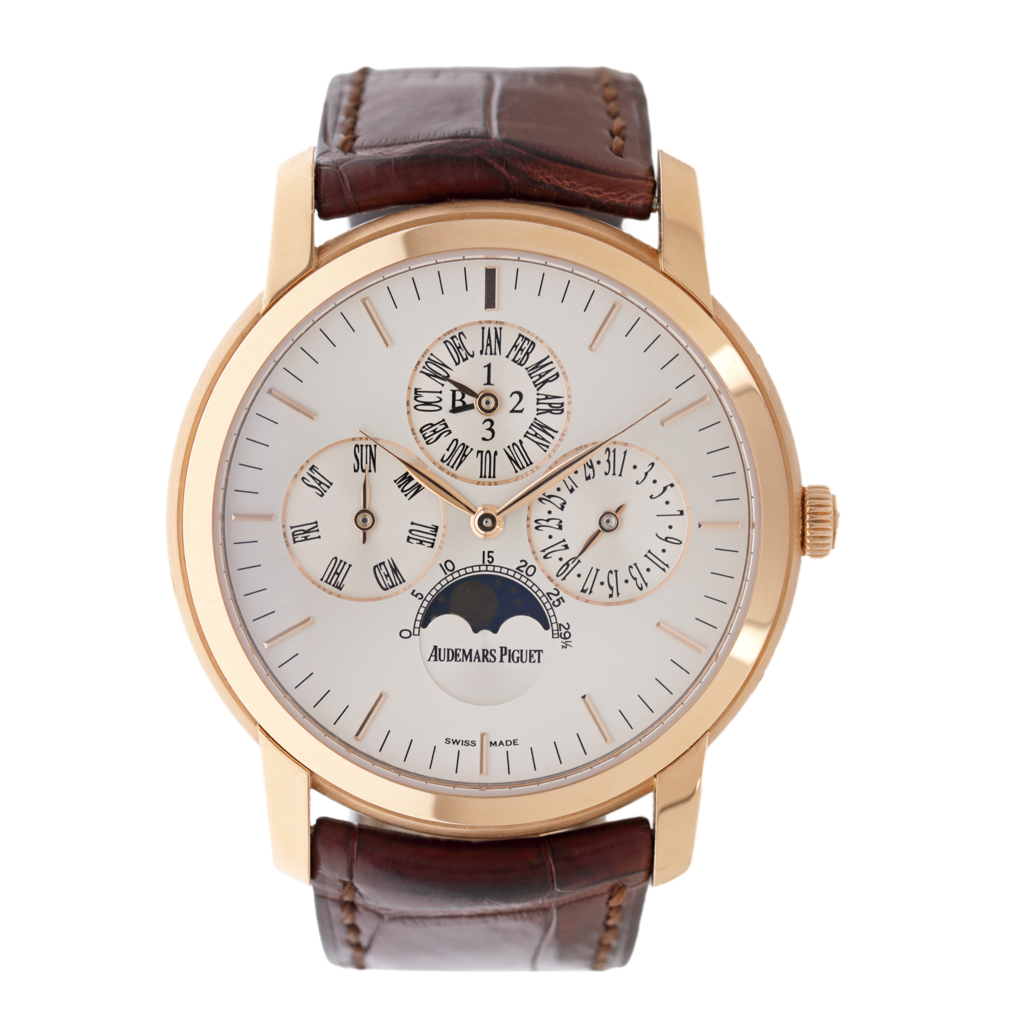 Ceas Audemars Piguet Perpetual Calendar, din aur roz, de mână, bărbătesc, însoțit de cutia originală