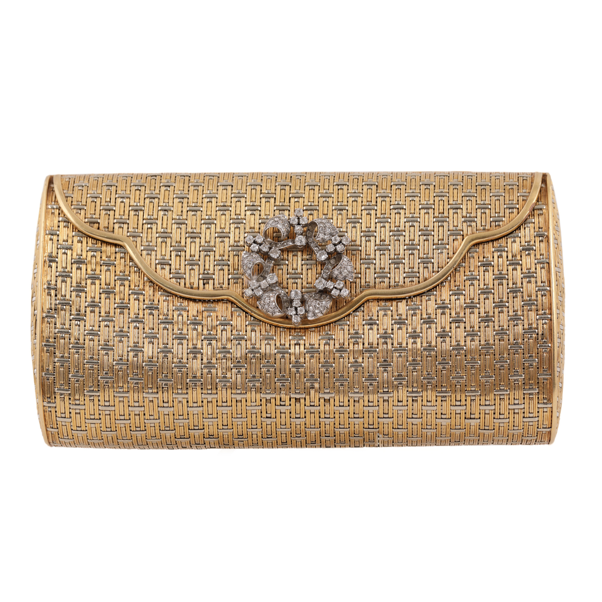 Impresionantă poșetă de bal, din aur alb și galben, decorată cu o coroană de diamante