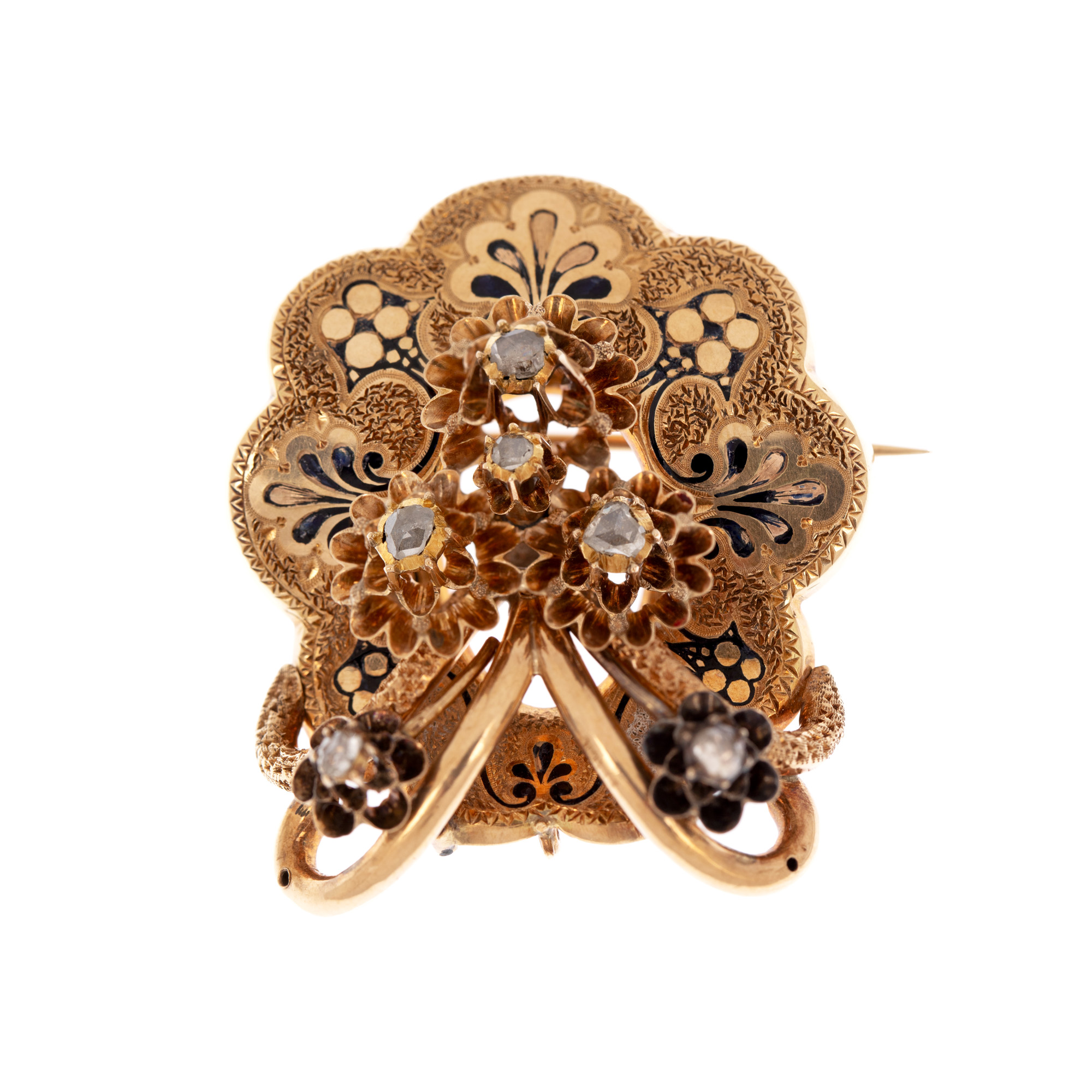 Biedermeier-style gold brooch-pendant, adorned with black enamel and diamonds, cca. 1900