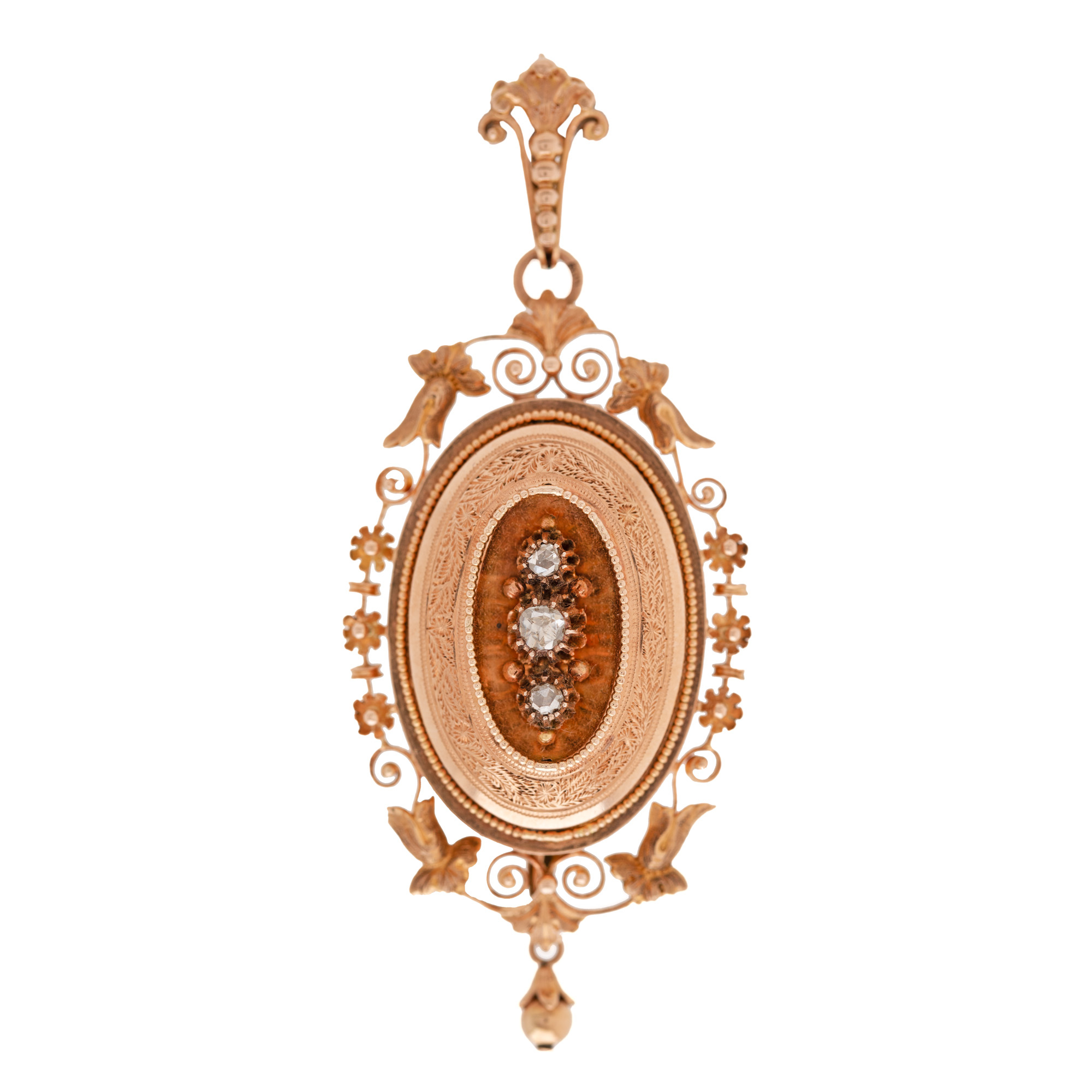 Exceptional red gold pendant brooch, adorned with three diamonds, cca. 1900, in original box