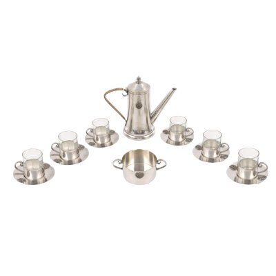 Set WMF pentru cafea, în stil Sezession, format din cafetieră, zaharniță și șase pahare cu farfurie